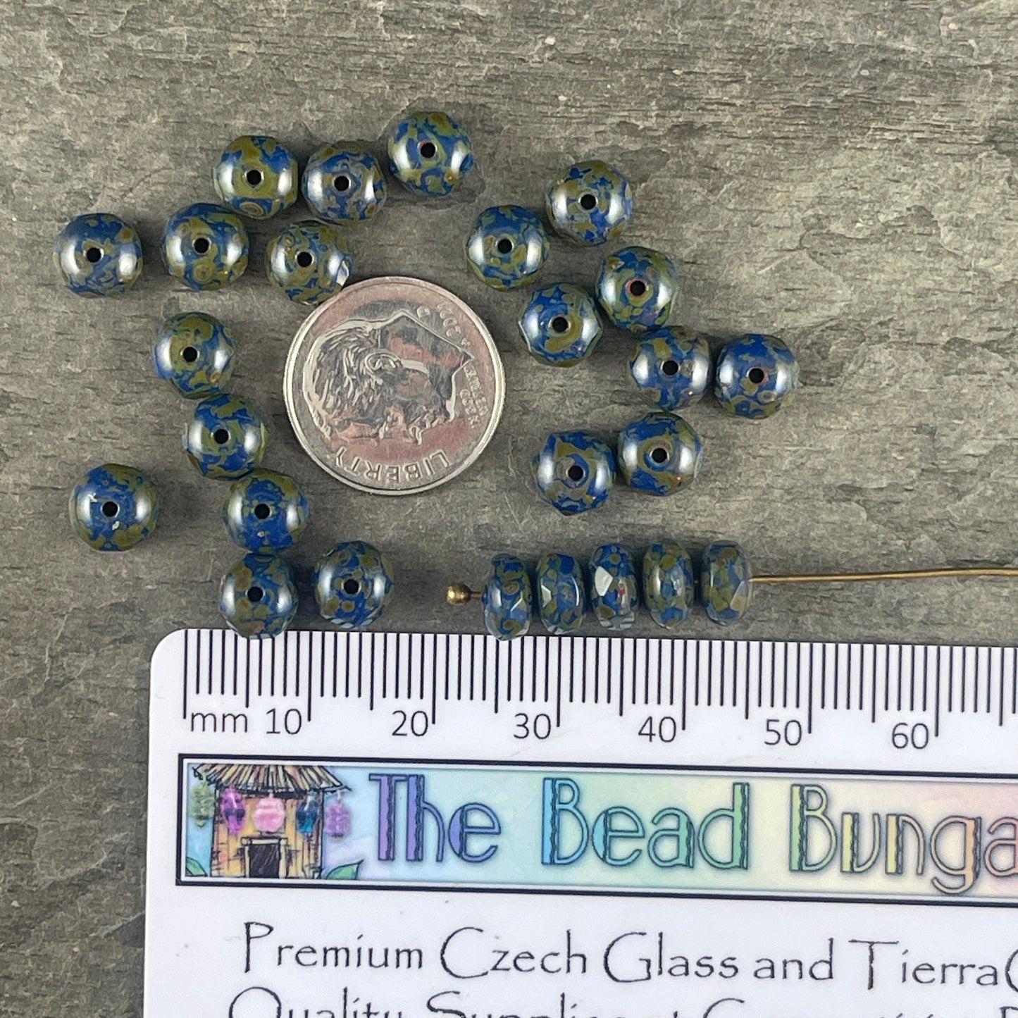 7x5mm Navy Blue Faceted Czech Glass Rondelles ~ Cobalt Blue Glass Beads with Full Picasso (R7/OB-101) - Qty 25