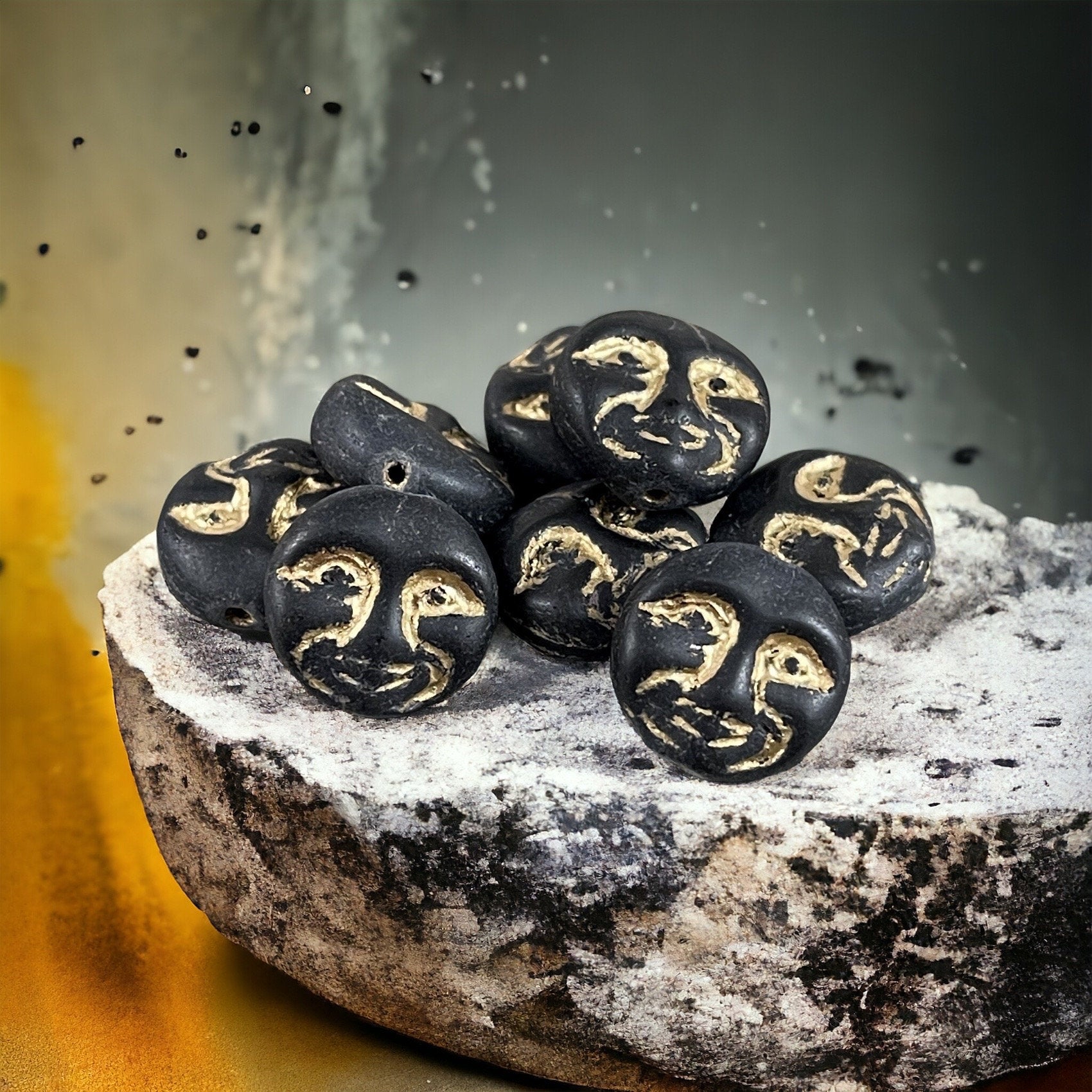 Black Matte Glass Man in the Moon Moon Face Beads Czech Glass Moon Beads Matte Opaque Black with Gold Wash (MOON/RJ-4740) * Qty. 8