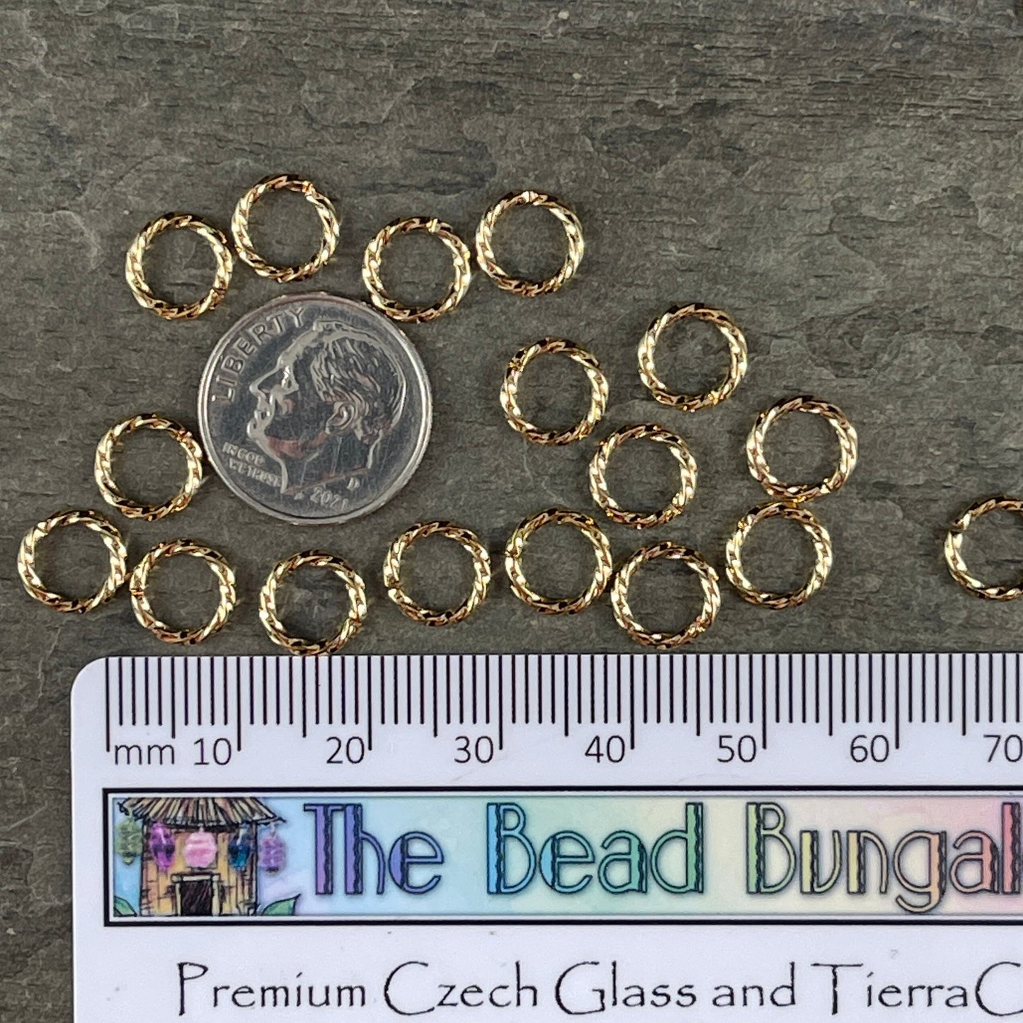 8mm Gold Twisted Jump Rings ~ 16 gauge Decorative Open Jumprings ~ Twisted Gold Plated Brass Jump Rings (FMG/5028) * Qty. 50