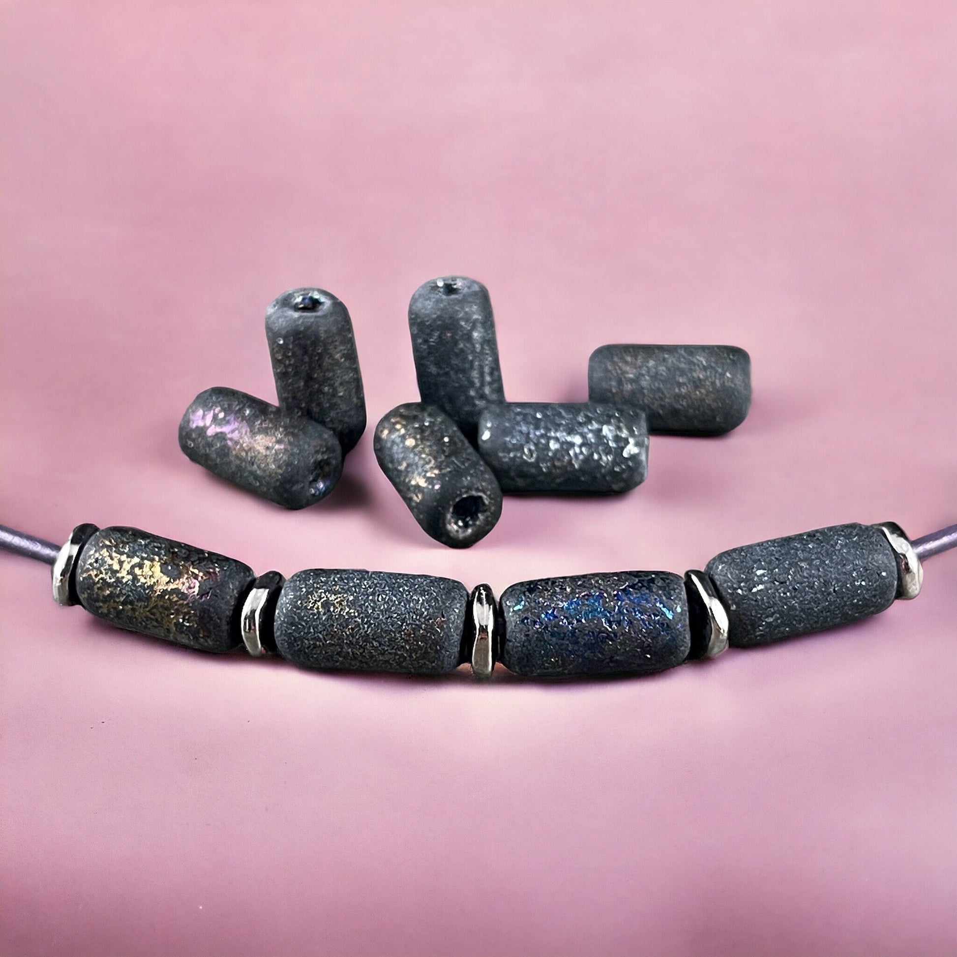 Etched Czech Glass Beads ~ 14x7mm Large Hole Tube Bead ~ Rustic Matte Black with Metallic Picasso Finish ~ 2mm Hole (TUBE/N-1657) * Qty. 10