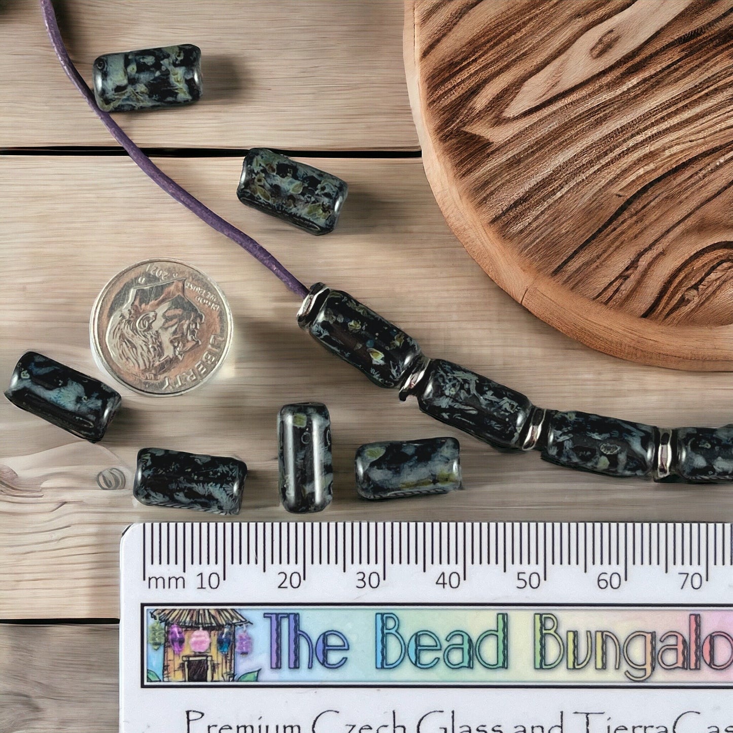 Black Czech Glass Beads ~ 14x7mm Large Hole Tube Bead ~ Black Picasso Beads ~ 2mm Hole (TUBE/N-0952) * Qty. 10