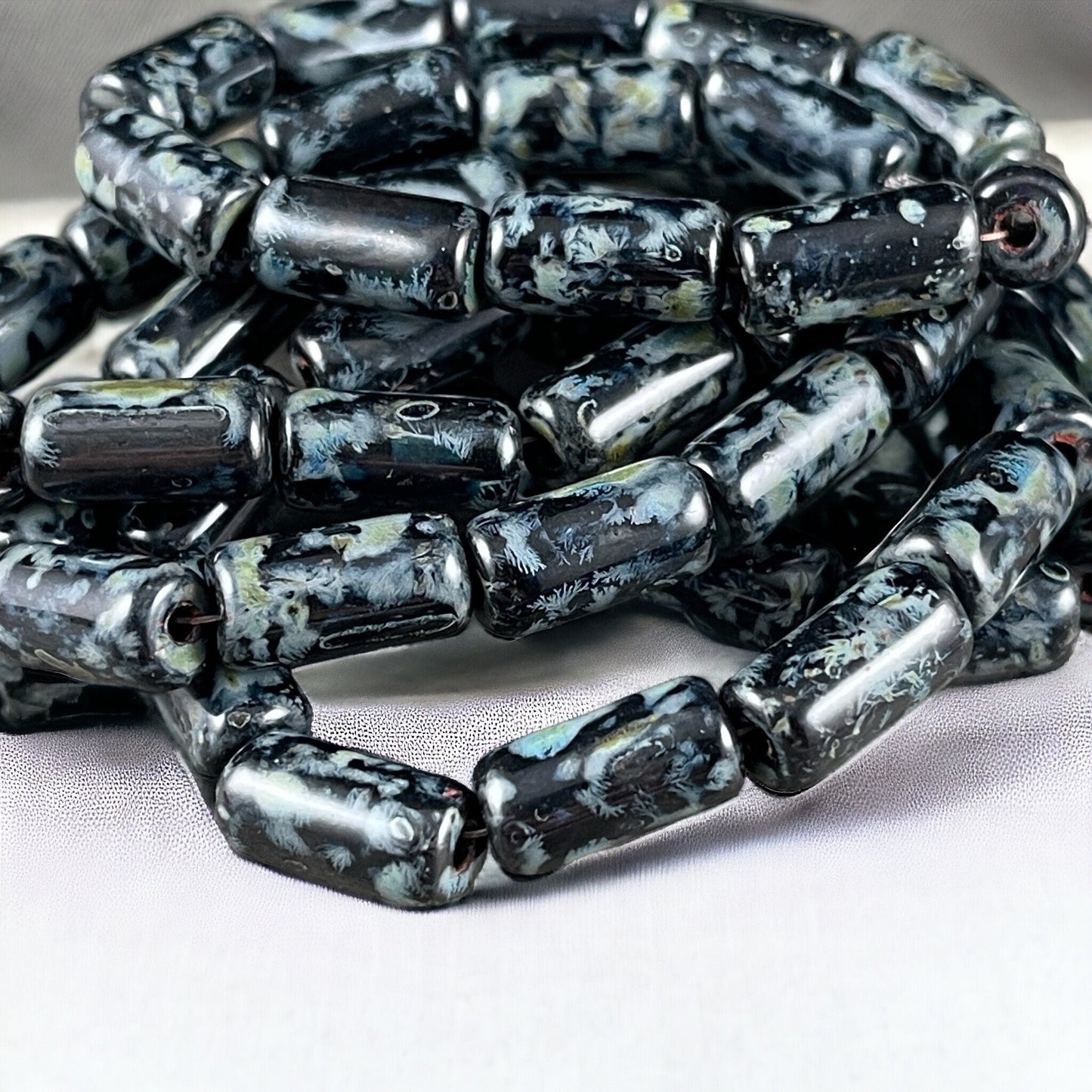 Black Czech Glass Beads ~ 14x7mm Large Hole Tube Bead ~ Black Picasso Beads ~ 2mm Hole (TUBE/N-0952) * Qty. 10