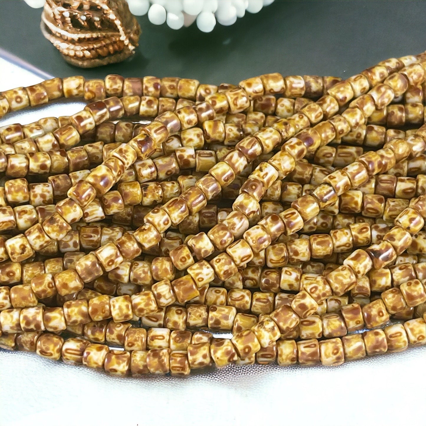 6/0 Tube Bead ~ 4mm Tube Beads ~ Beige Picasso Beads ~ Picasso Bugle Beads ~ Czech Glass Beads (6/0 0305) * 20" Strand