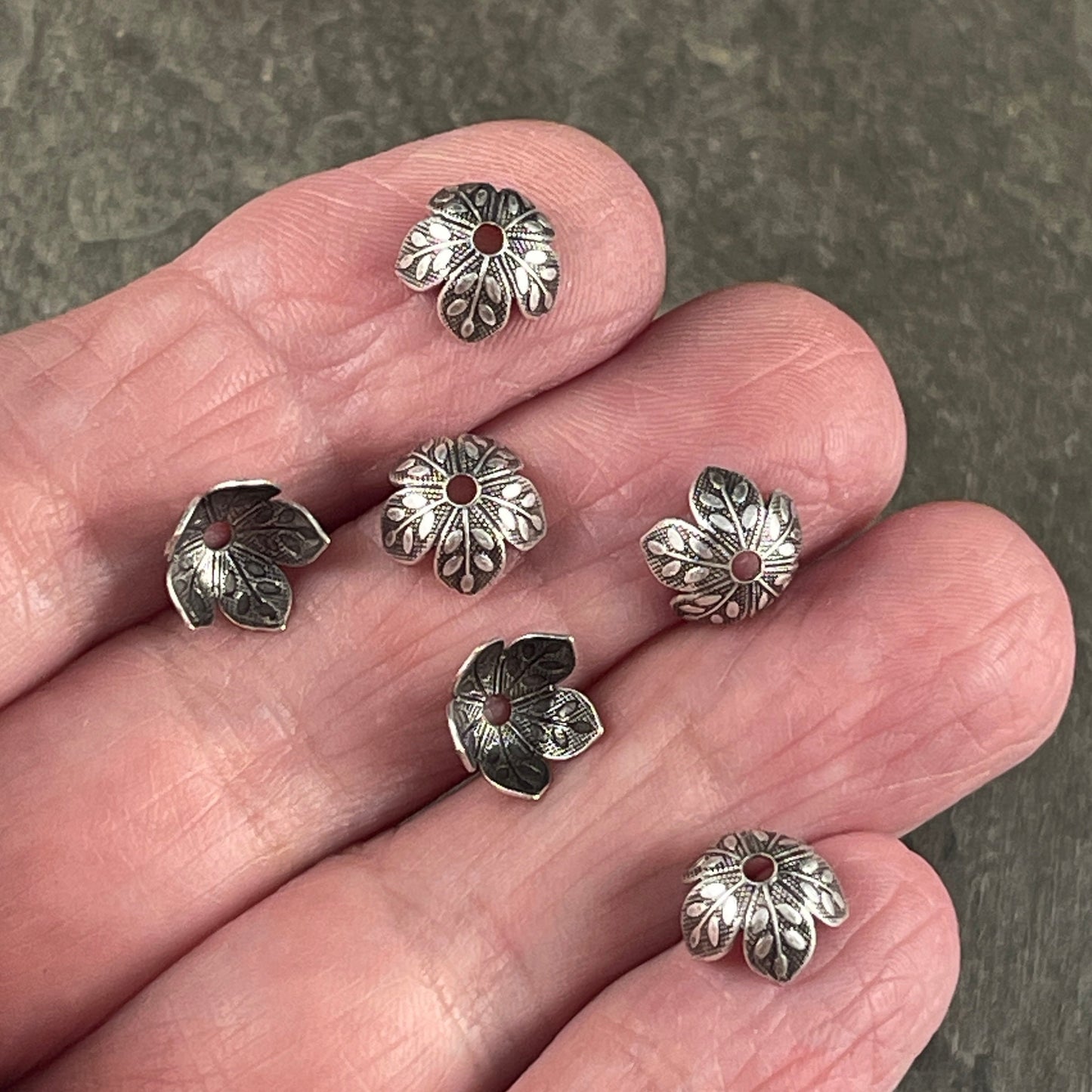 Silver Leaf Embossed Bead Caps, Oxidized Silver Plated Brass Bead Caps, 8mm Bead Caps, Silver Floral Bead Caps (VJS-R408) *