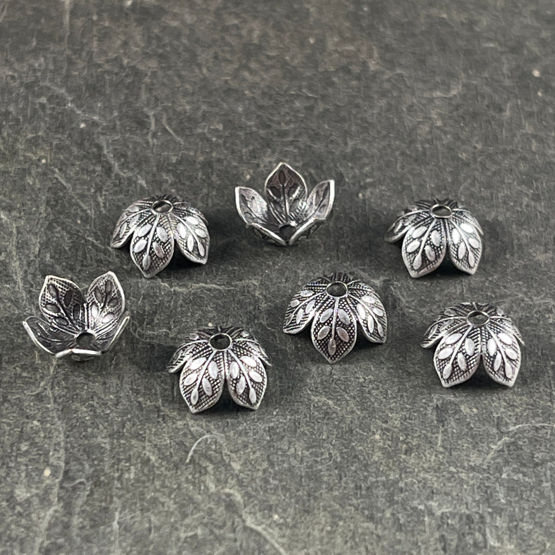 Silver Leaf Embossed Bead Caps, Oxidized Silver Plated Brass Bead Caps, 8mm Bead Caps, Silver Floral Bead Caps (VJS-R408) *