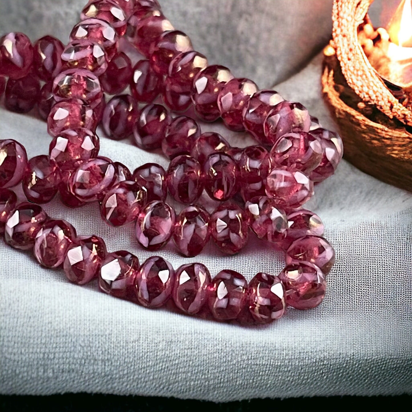 Fuchsia Pink Czech Glass Beads ~ 5x3mm Faceted Rondelles ~ Rosewood and White with Mother of Pearl Picasso (R5/N-0179) * Qty. 30