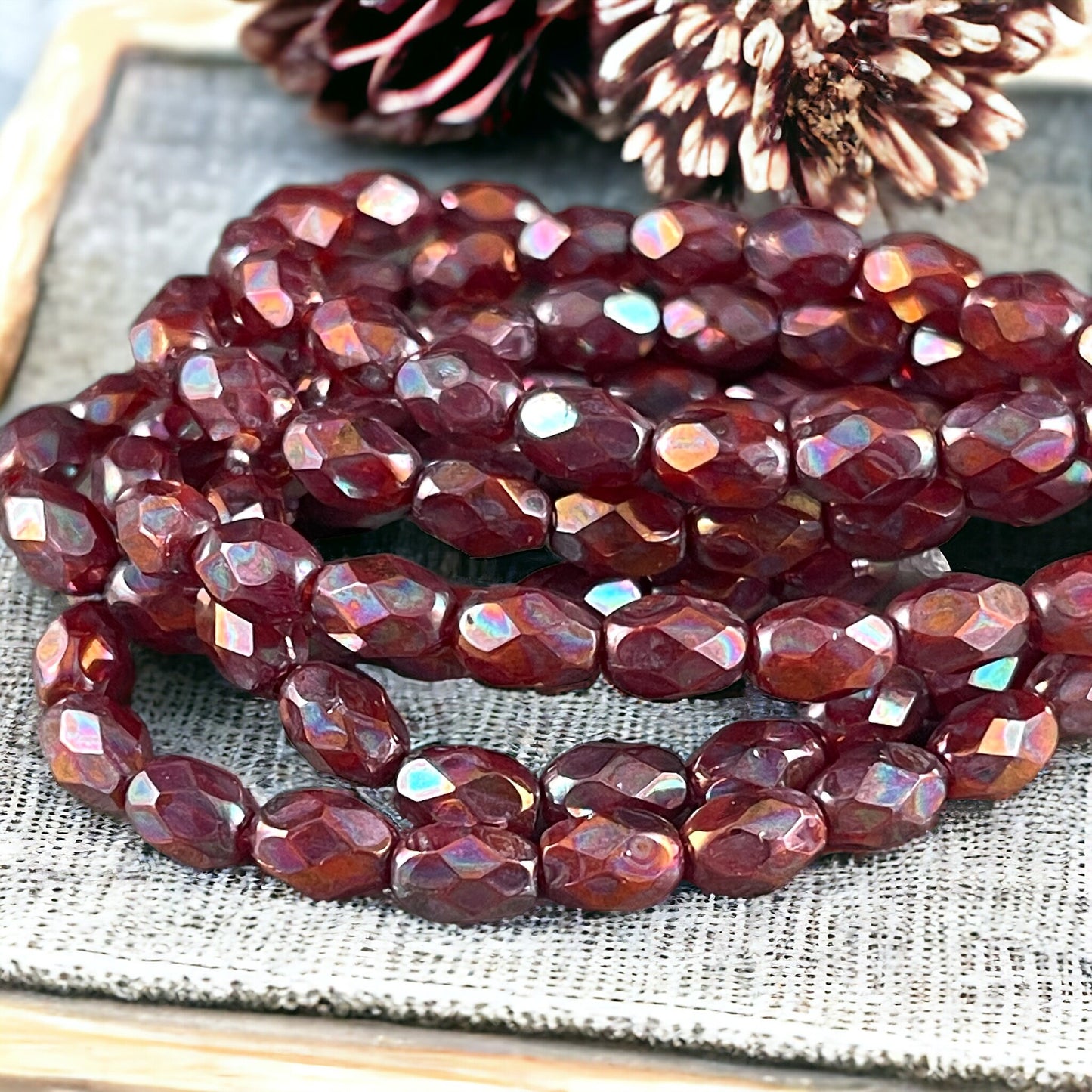 Ruby Red with Bronze AB Finish ~ 7x5mm Faceted Oval Beads ~ 7mm Rust Red Metallic Finish Czech Glass Beads (FOV/N-1704) * Qty. 20