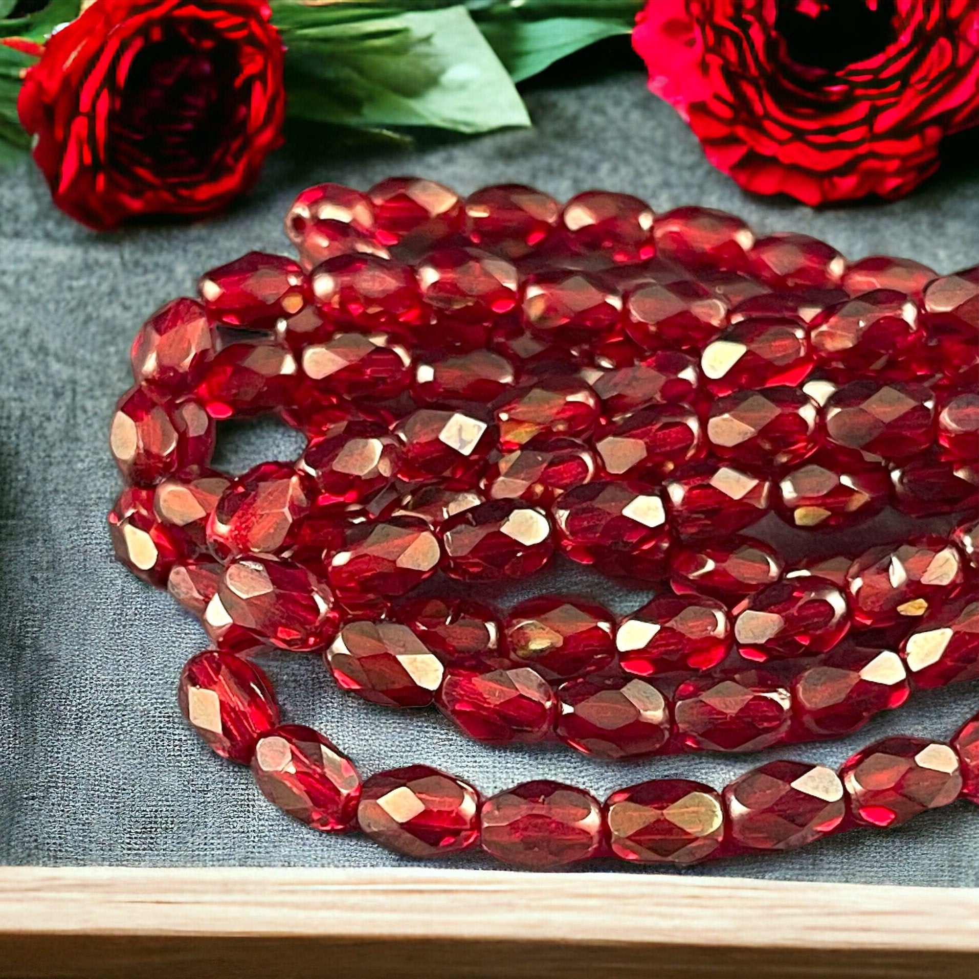 Ruby Red with Golden Luster Finish ~ 7x5mm Faceted Oval Beads ~ 7mm Transparent Red Czech Glass Beads (FOV/N-0745) * Qty. 20