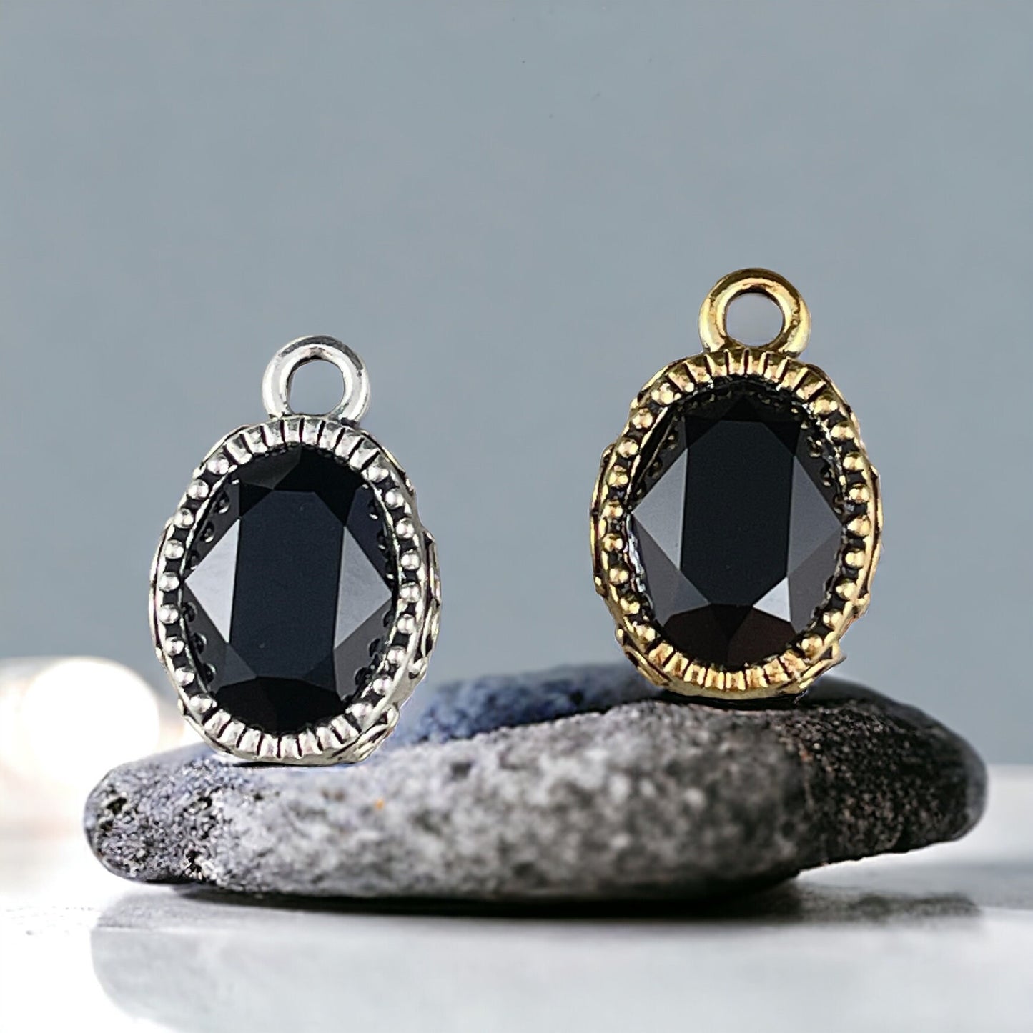 Celestial Brilliance Black Crystal Pendant, Oval Crystal Pendant, Elegant Antiqued Gold or Antiqued Silver Oval Pendant (TC/6843) * Qty. 1