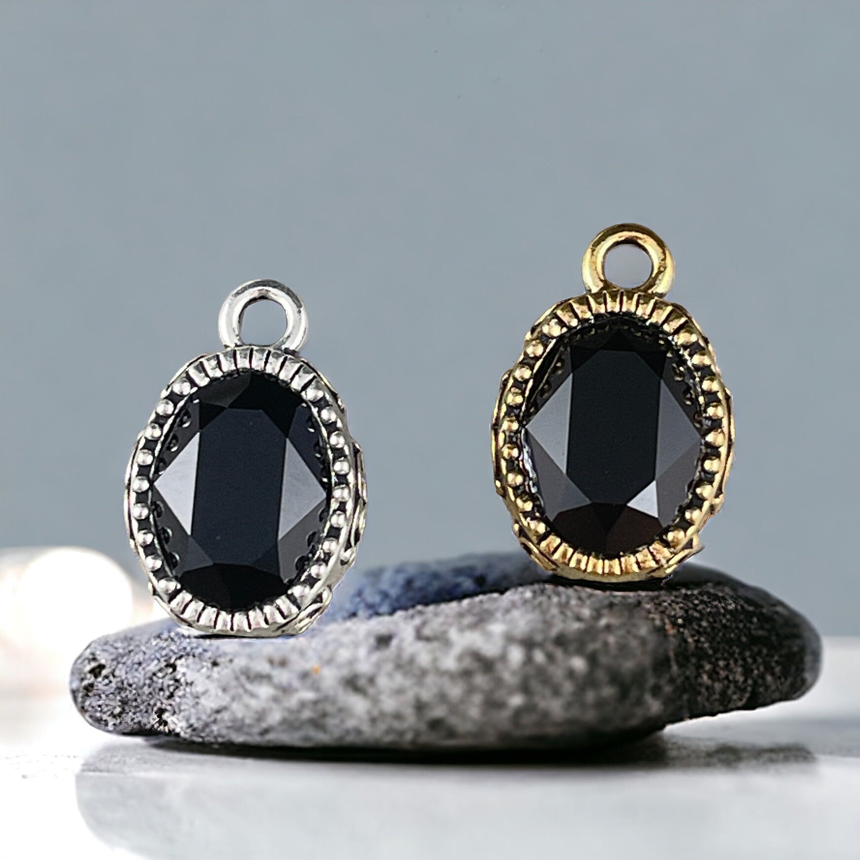 Celestial Brilliance Black Crystal Pendant, Oval Crystal Pendant, Elegant Antiqued Gold or Antiqued Silver Oval Pendant (TC/6843) * Qty. 1