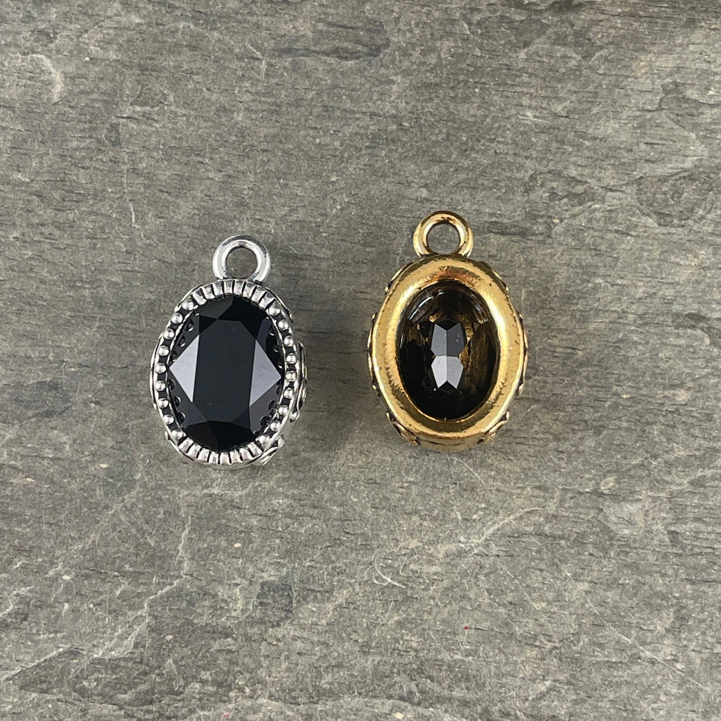 Celestial Brilliance Black Crystal Pendant, Oval Crystal Pendant, Elegant Antiqued Gold or Antiqued Silver Oval Pendant (TC/6843) * Qty. 1