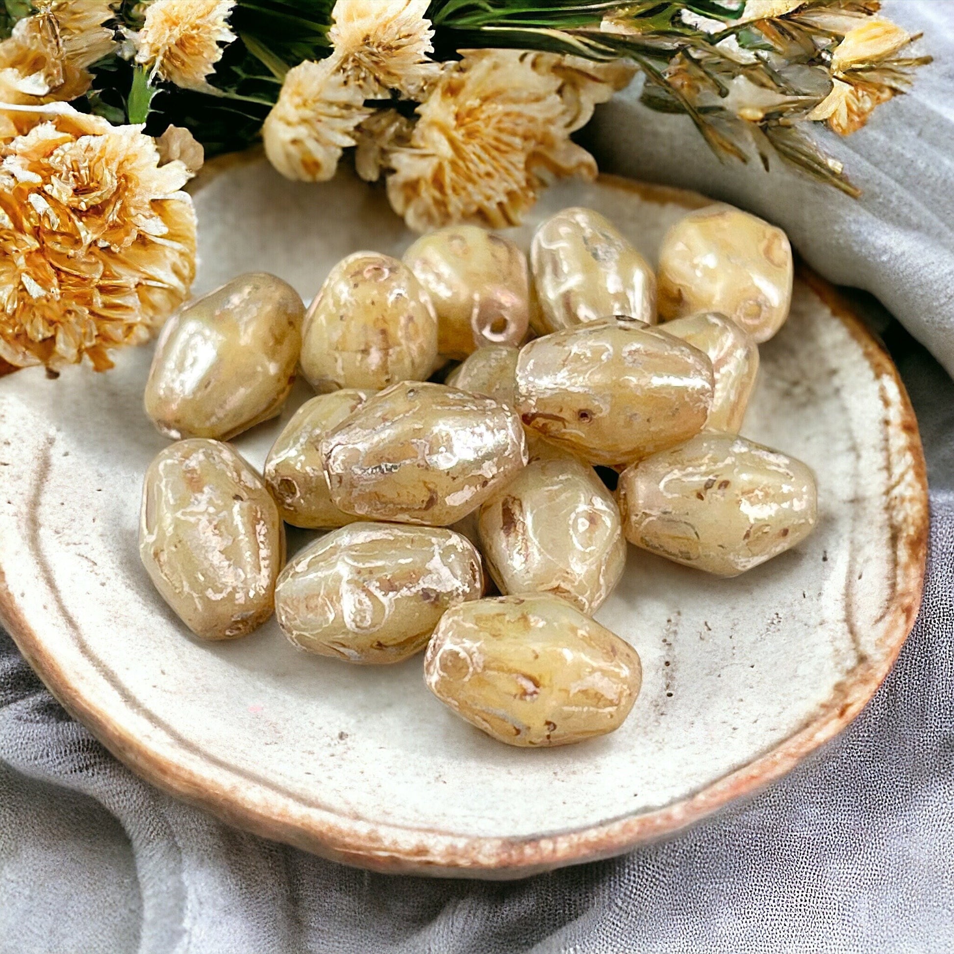 Czech Glass Beads - Champagne Bicone, 10x8mm Bicone Beads, Picasso Beads, Gold Champagne Glass Beads (OCB/BIC13) * Qty. 10