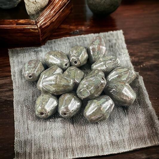 Czech Glass Beads - Olive Green Bicone, 10x8mm Bicone Beads, Picasso Beads, Olive Green with Rembrandt Finish (OCB/BIC12) * Qty. 10