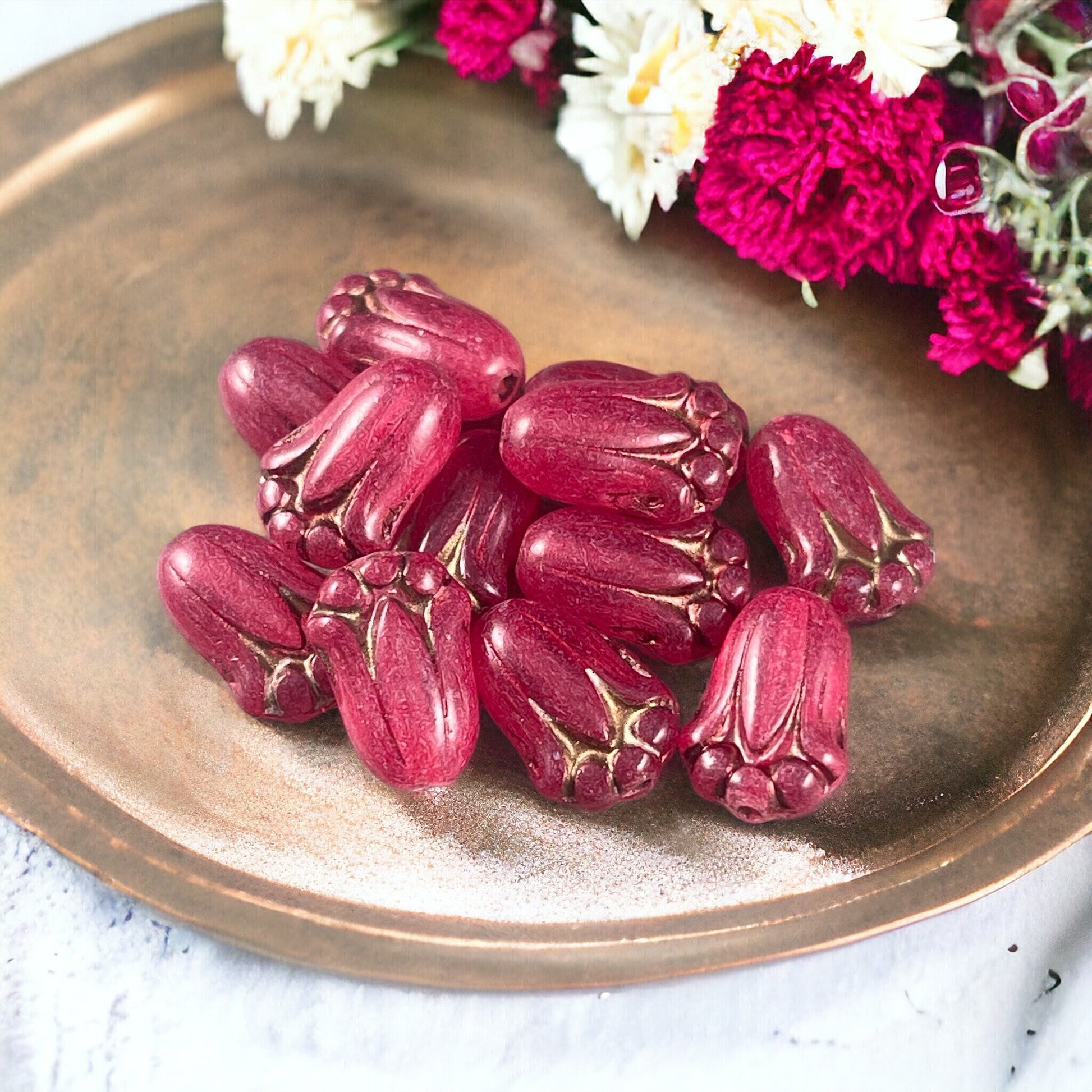 Fuchsia Flower, Czech Glass Beads, 12x8mm Lily Bud Flower, Milky Fuchsia Pink Flower Bead (LBud3) Czech Glass Flower * Qty. 12