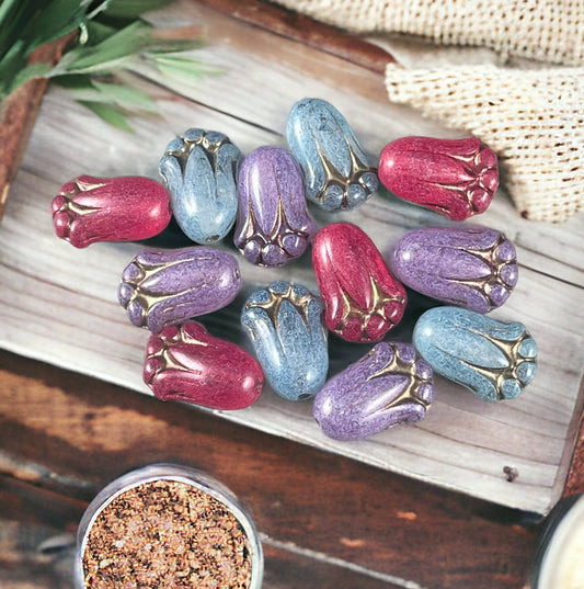 12x8mm Lily Bud Flower Assortment, Fuchsia Pink, Light Blue and Lavender Flower Beads (LBud-Mix) * Qty. 12