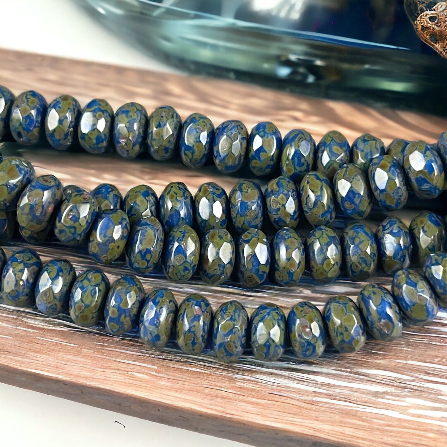 7x5mm Navy Blue Faceted Czech Glass Rondelles ~ Cobalt Blue Glass Beads with Full Picasso (R7/OB-101) - Qty 25