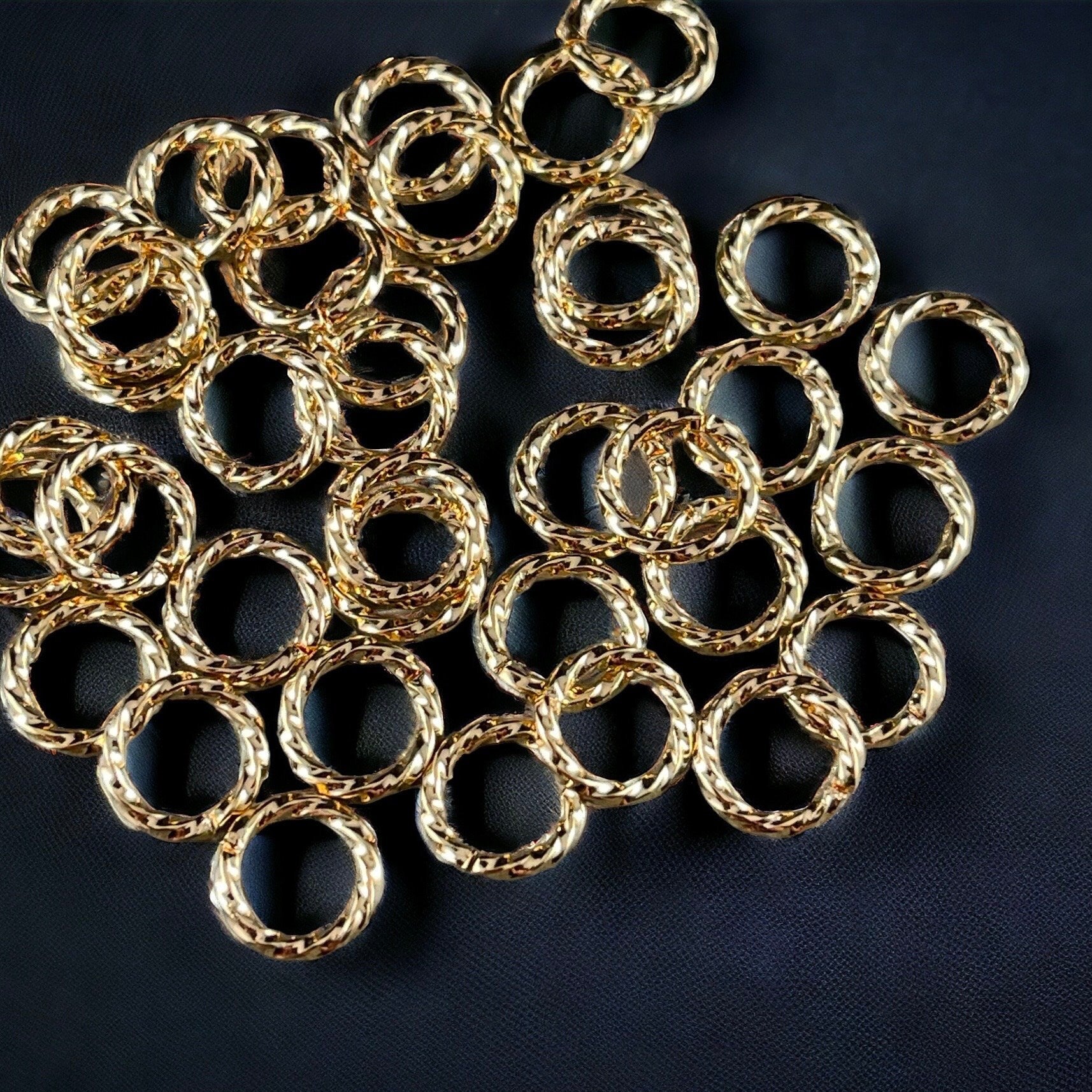 8mm Gold Twisted Jump Rings ~ 16 gauge Decorative Open Jumprings ~ Twisted Gold Plated Brass Jump Rings (FMG/5028) * Qty. 50