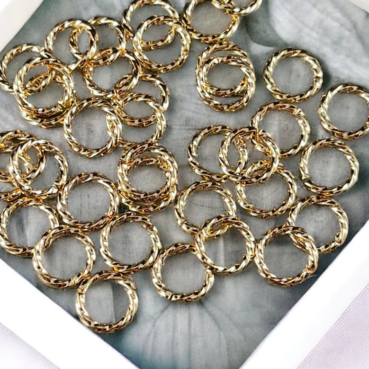 8mm Gold Twisted Jump Rings ~ 16 gauge Decorative Open Jumprings ~ Twisted Gold Plated Brass Jump Rings (FMG/5028) * Qty. 50