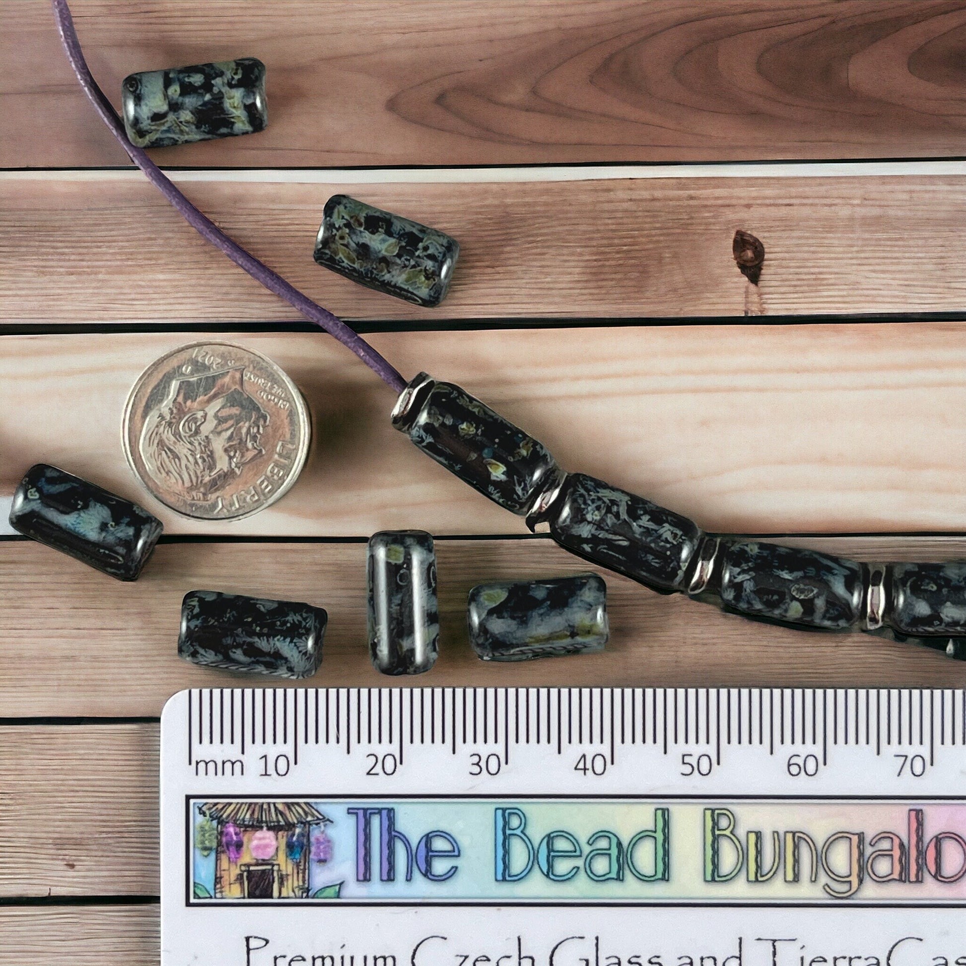 Black Czech Glass Beads ~ 14x7mm Large Hole Tube Bead ~ Black Picasso Beads ~ 2mm Hole (TUBE/N-0952) * Qty. 10