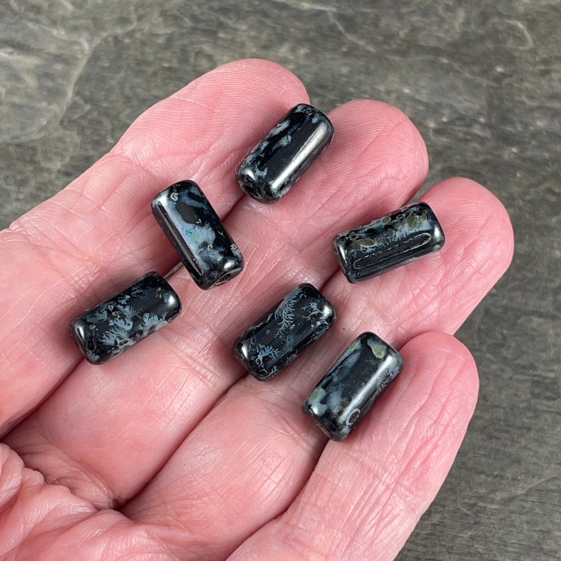 Black Czech Glass Beads ~ 14x7mm Large Hole Tube Bead ~ Black Picasso Beads ~ 2mm Hole (TUBE/N-0952) * Qty. 10