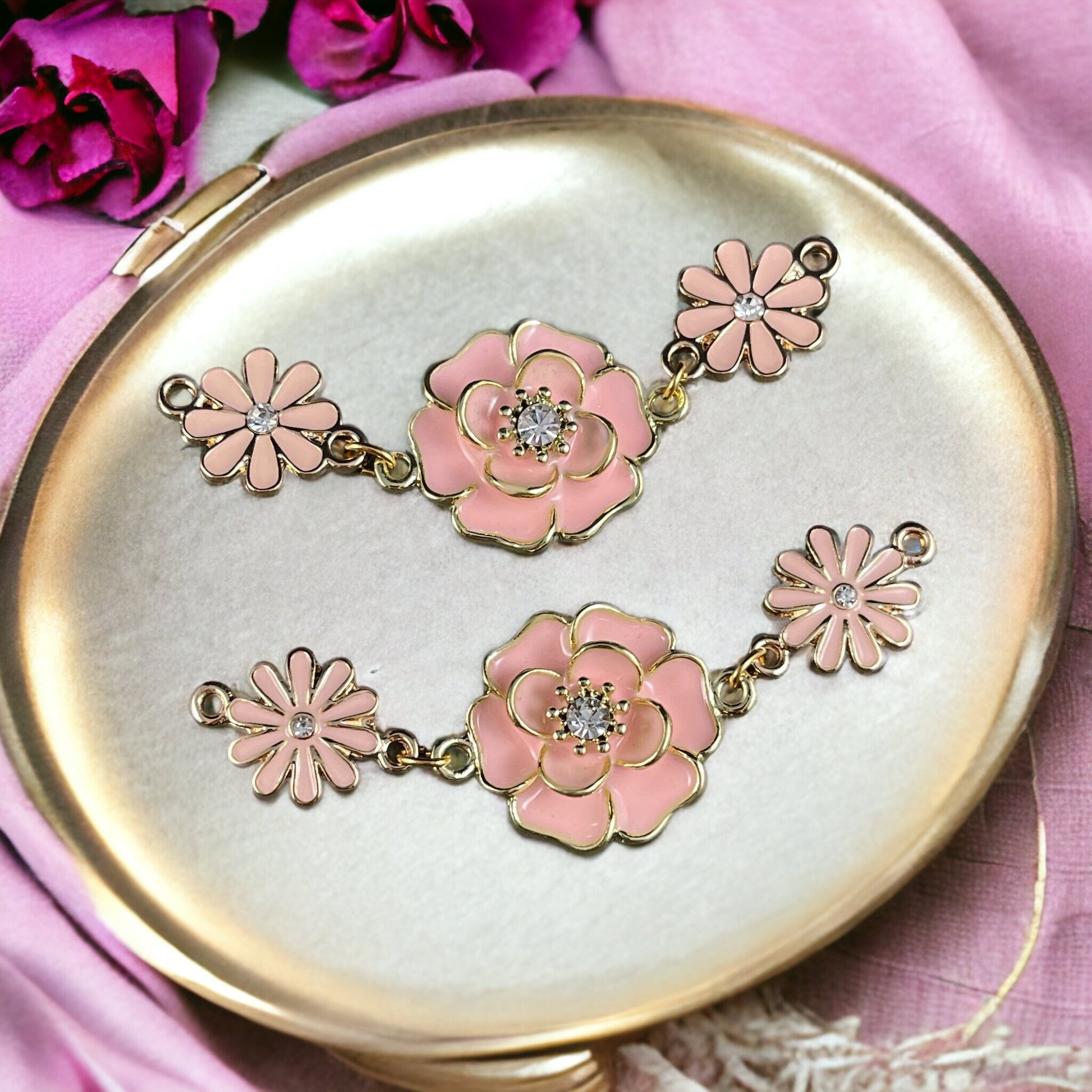 Enamel Floral Connector Links ~ Pale Peachy Pink, Black or White and Gold 25x34mm Connector with Rhinestone Center * Qty. 1