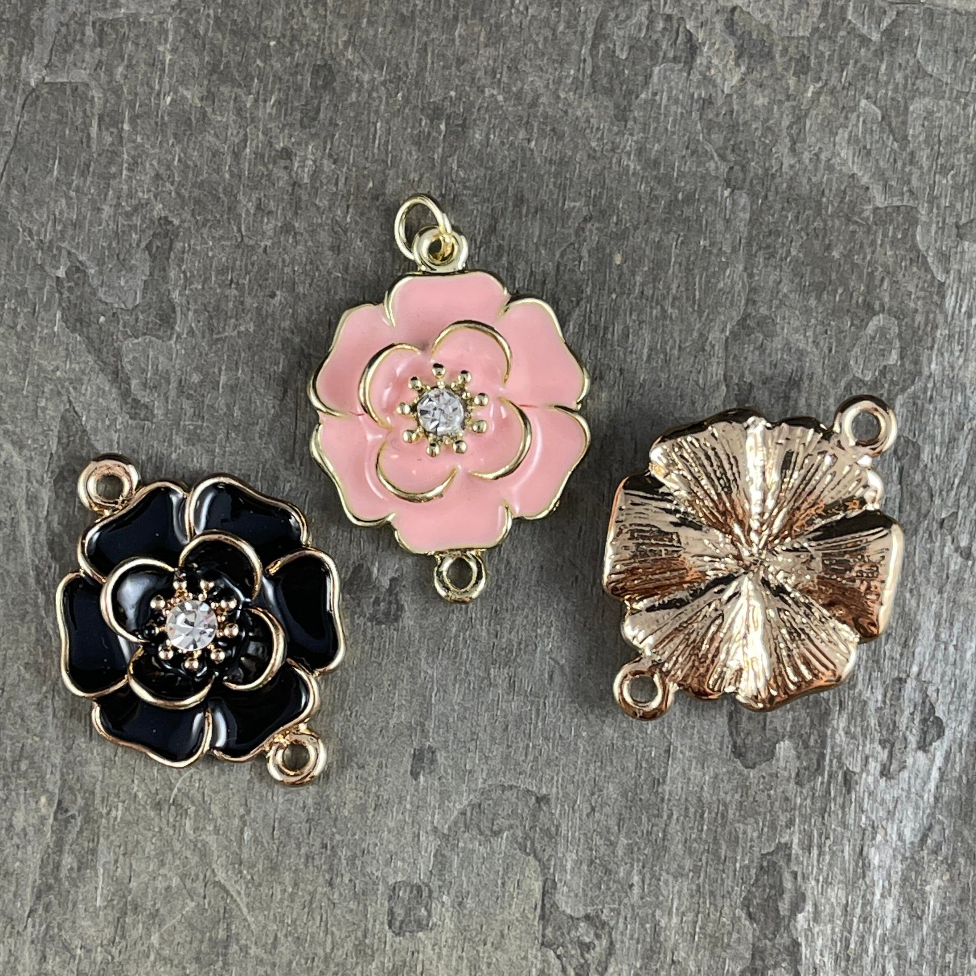 Enamel Floral Connector Links ~ Pale Peachy Pink, Black or White and Gold 25x34mm Connector with Rhinestone Center * Qty. 1