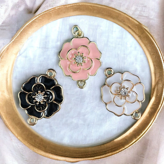 Enamel Floral Connector Links ~ Pale Peachy Pink, Black or White and Gold 25x34mm Connector with Rhinestone Center * Qty. 1