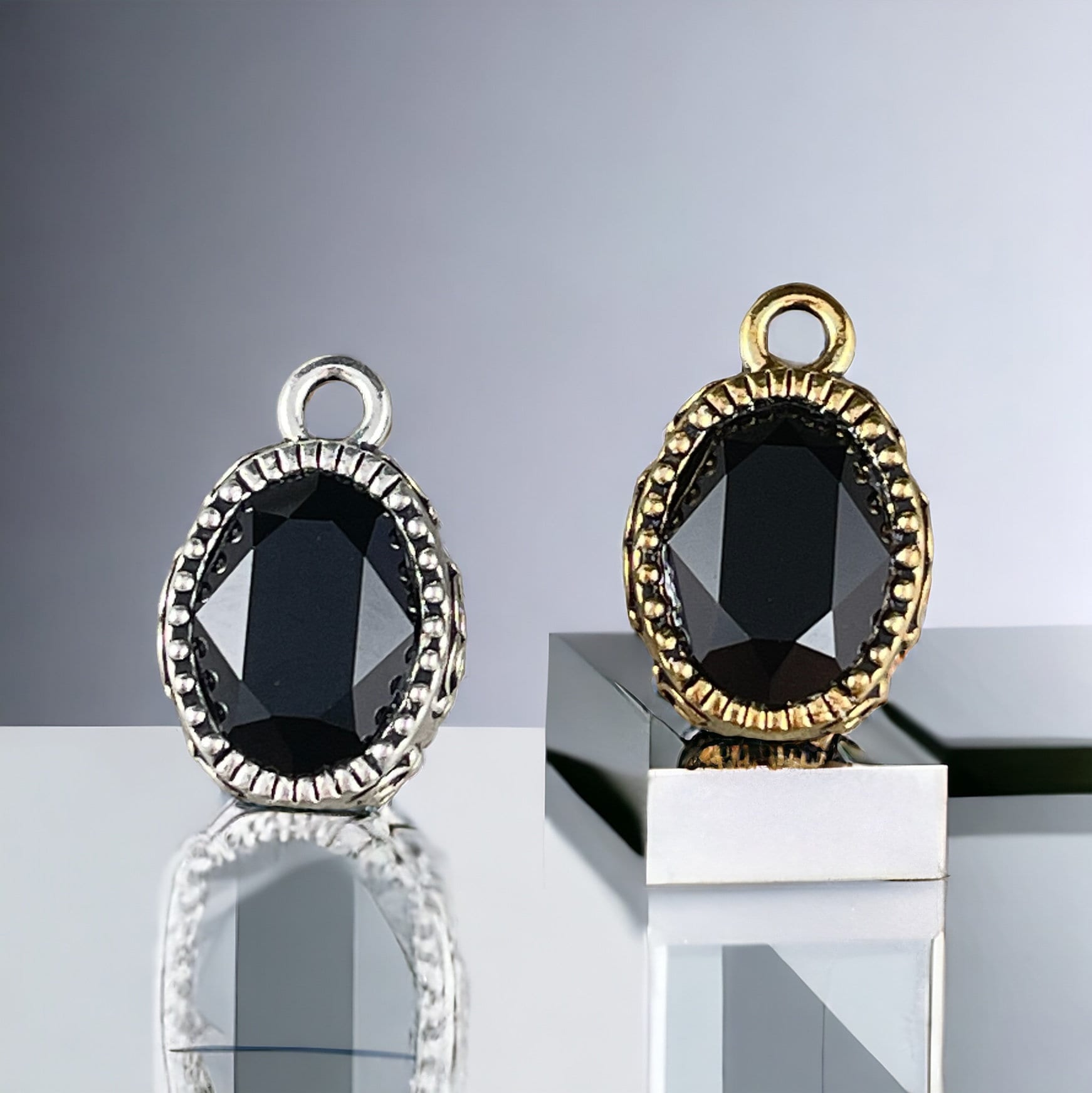 Celestial Brilliance Black Crystal Pendant, Oval Crystal Pendant, Elegant Antiqued Gold or Antiqued Silver Oval Pendant (TC/6843) * Qty. 1