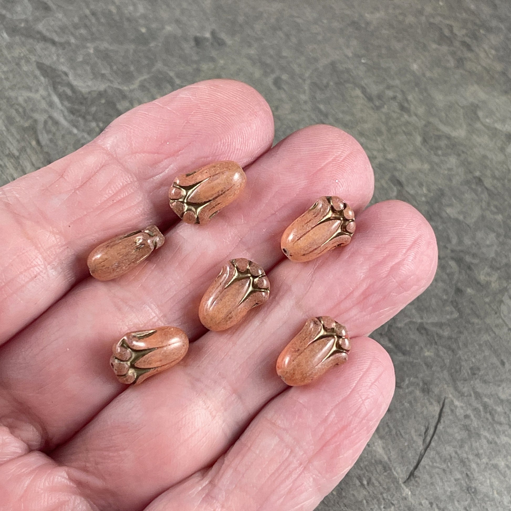Peach Opaline Flower with Bronze Wash, Czech Glass Beads, 12x8mm Peachy Lily Bud Flower (LBud2) * Qty. 12