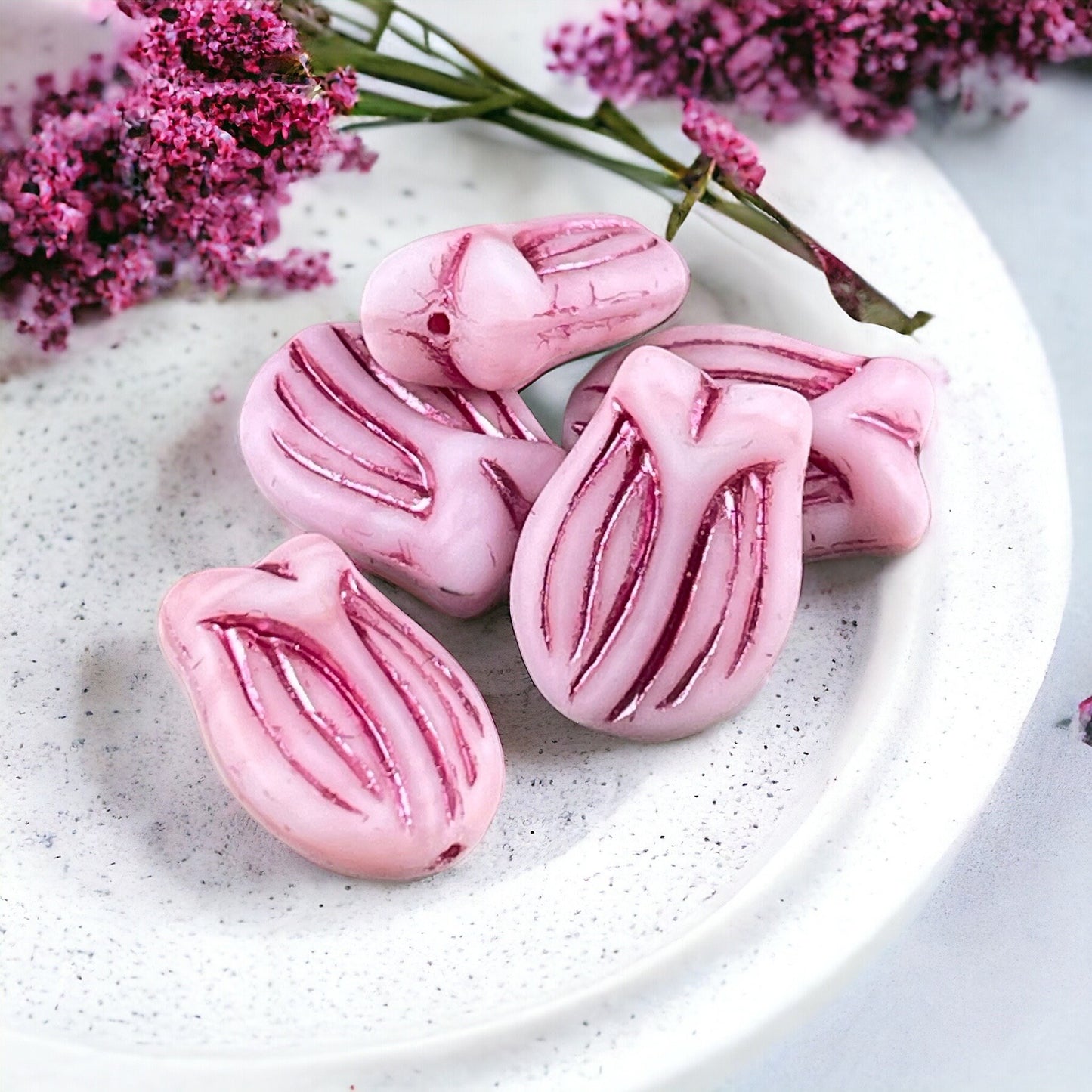 Pink Glass Flower Beads, Czech Glass Beads ~ 16x11 Tulip Beads ~ Pink and White Matte Glass with Metallic Pink Finish (PTul-x1) * Qty. 4