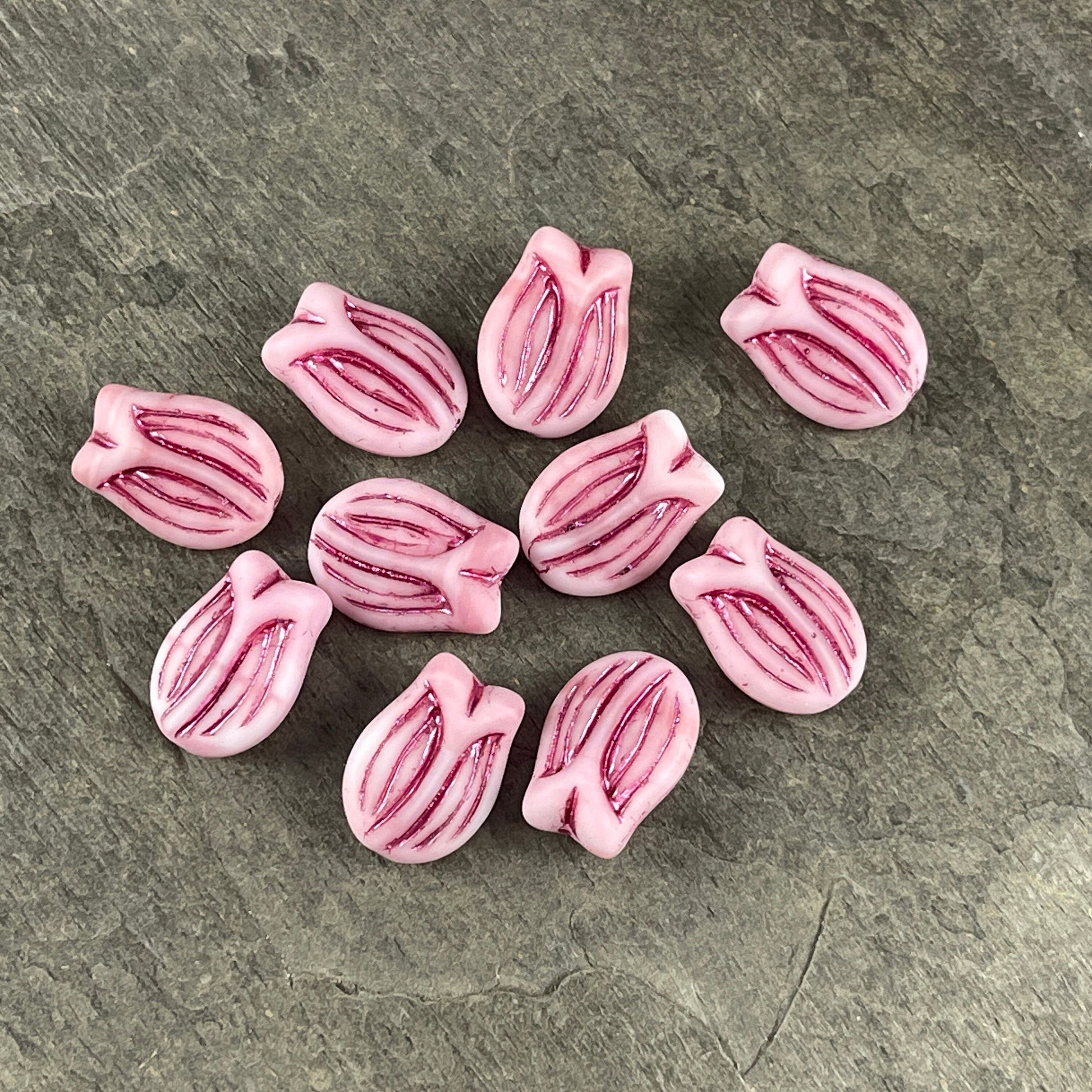 Pink Glass Flower Beads, Czech Glass Beads ~ 16x11 Tulip Beads ~ Pink and White Matte Glass with Metallic Pink Finish (PTul-x1) * Qty. 4