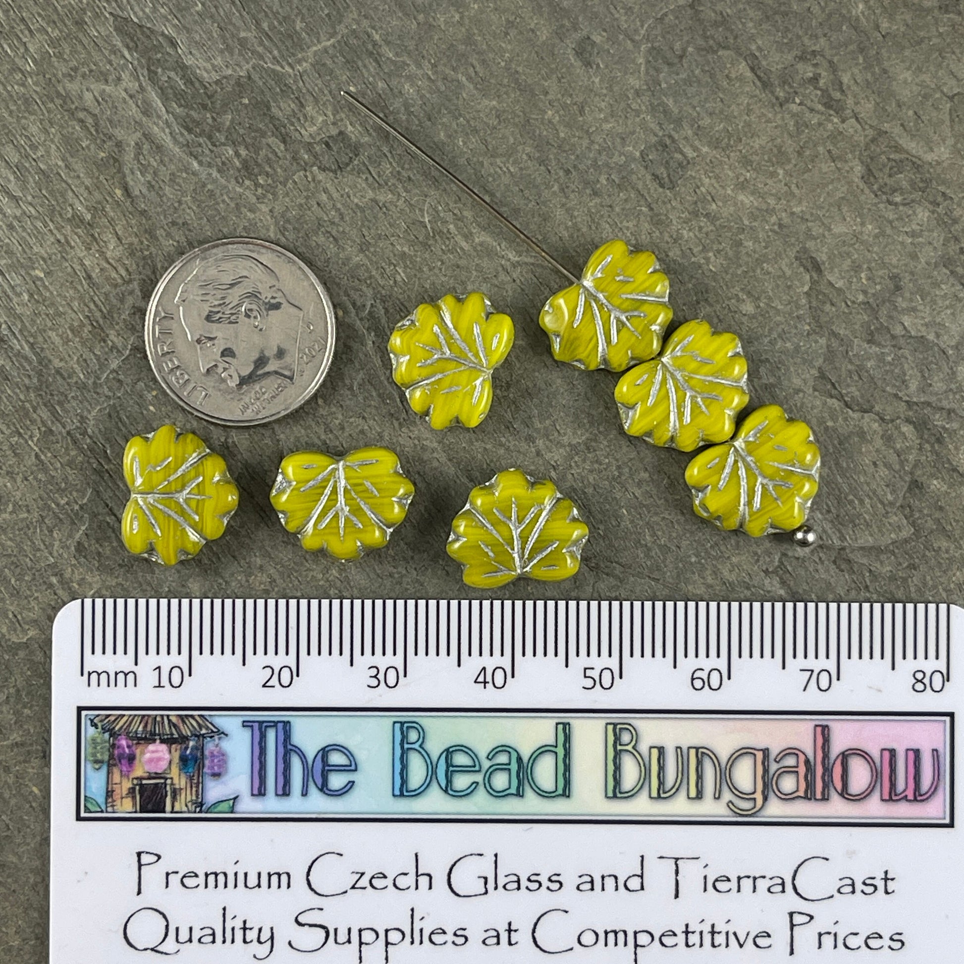 Bright Green Maple Leaf Beads, Czech Glass Beads, 10x13mm Opaque Chartreuse with Silver Wash (ML-x1) * Qty. 12