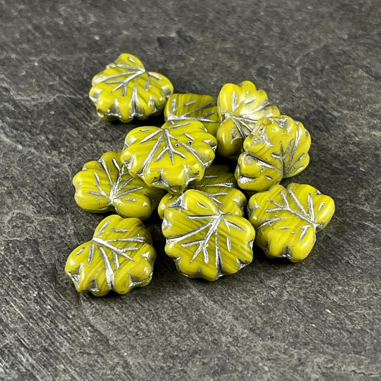 Bright Green Maple Leaf Beads, Czech Glass Beads, 10x13mm Opaque Chartreuse with Silver Wash (ML-x1) * Qty. 12