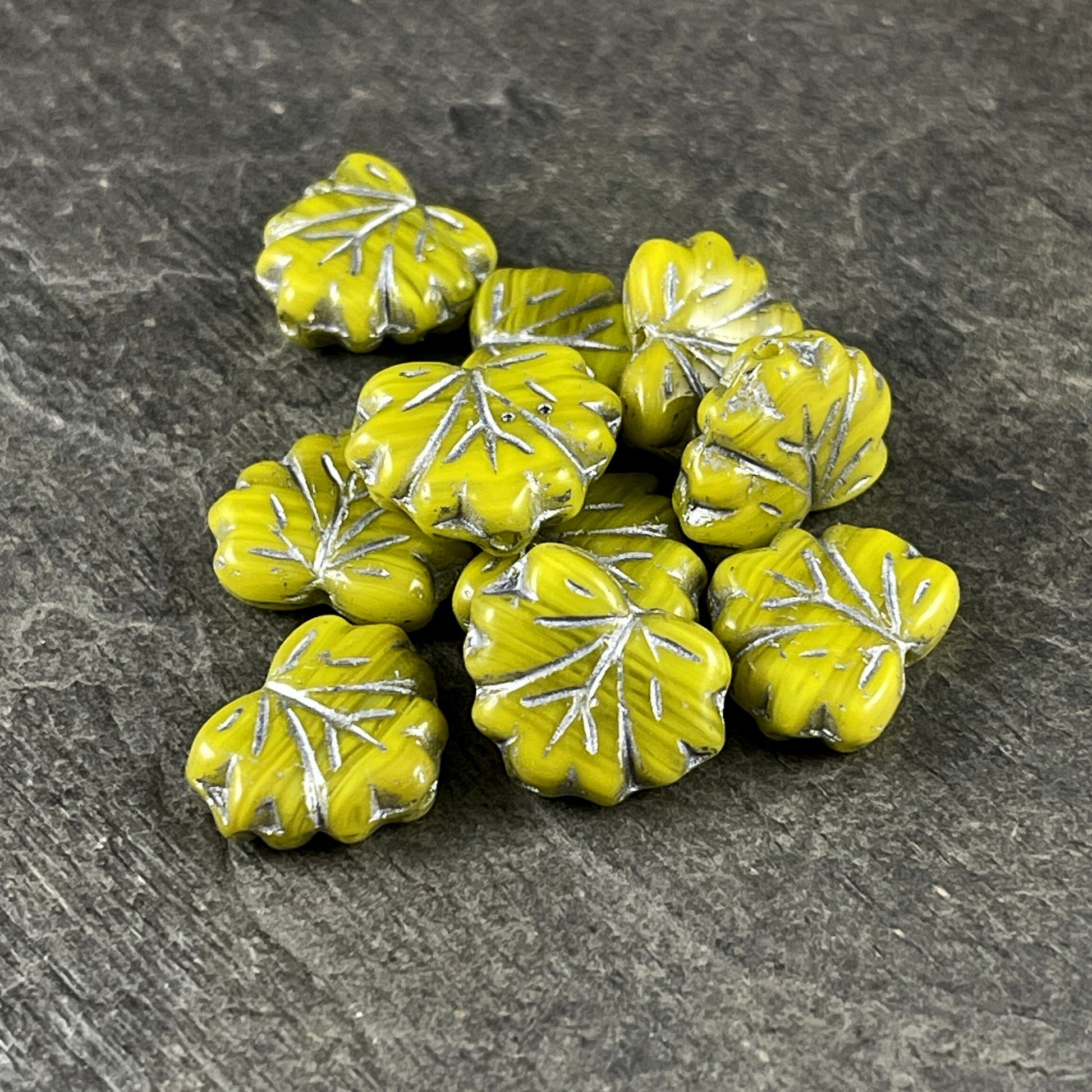 Bright Green Maple Leaf Beads, Czech Glass Beads, 10x13mm Opaque Chartreuse with Silver Wash (ML-x1) * Qty. 12