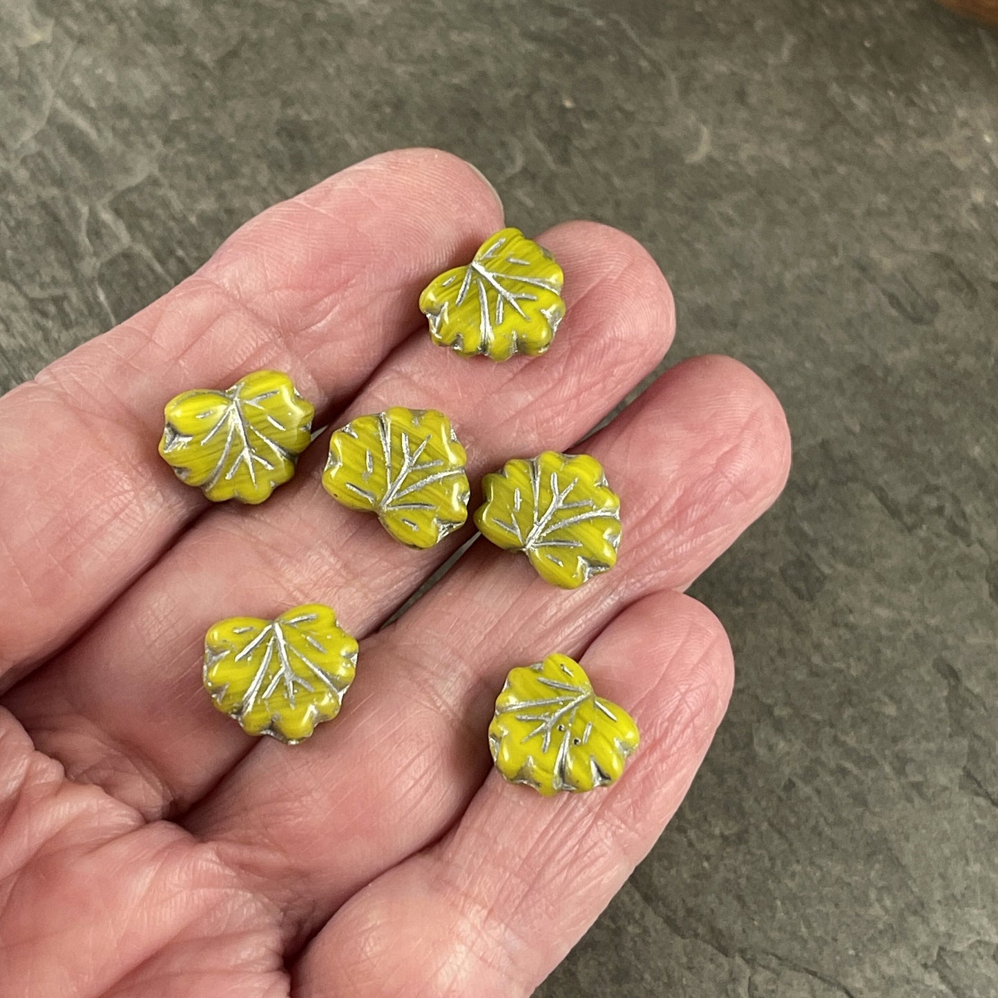 Bright Green Maple Leaf Beads, Czech Glass Beads, 10x13mm Opaque Chartreuse with Silver Wash (ML-x1) * Qty. 12