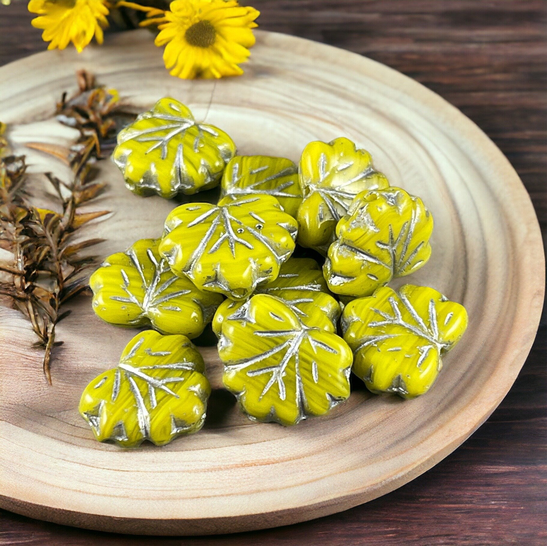 Bright Green Maple Leaf Beads, Czech Glass Beads, 10x13mm Opaque Chartreuse with Silver Wash (ML-x1) * Qty. 12