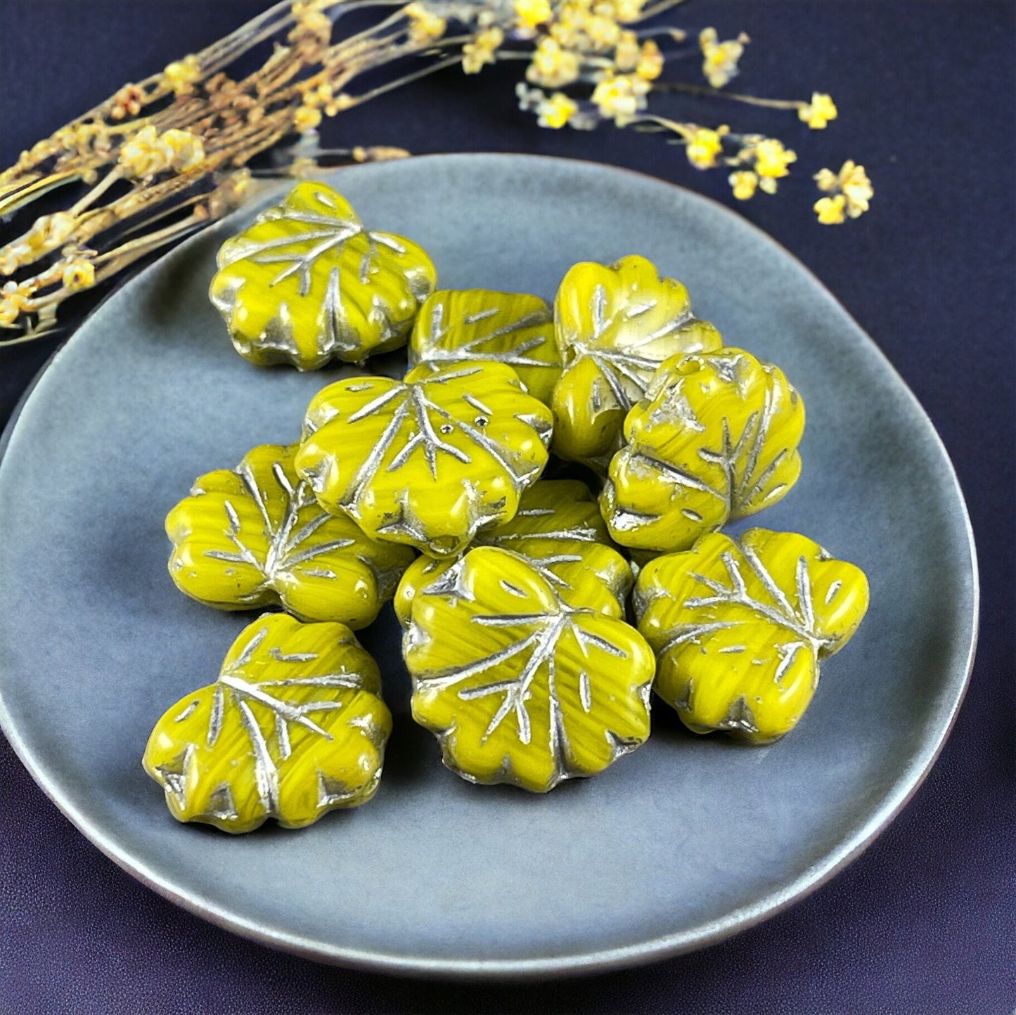 Bright Green Maple Leaf Beads, Czech Glass Beads, 10x13mm Opaque Chartreuse with Silver Wash (ML-x1) * Qty. 12