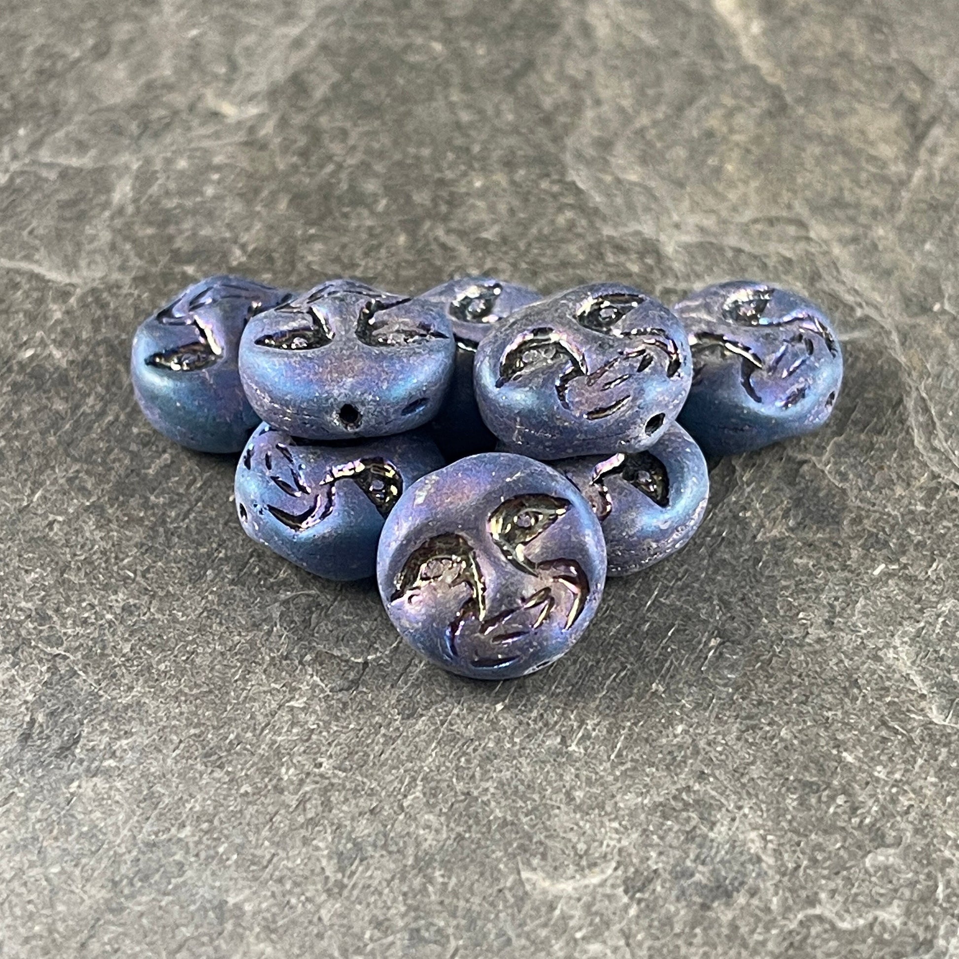 Matte Blue Glass Man in the Moon ~ Moon Face Beads ~ Czech Glass Moon Beads ~ Matte Purple Blue Iris Finish (MOON/RJ-4744) * Qty. 8