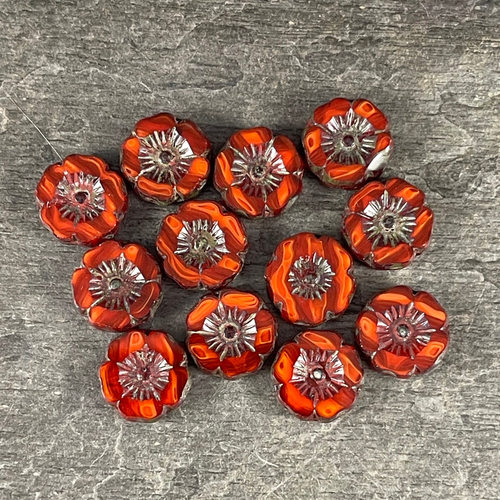 Czech Glass Beads - 12mm Dark Orange Hibiscus Flower Beads ~ Reddish Orange Two-Tone Glass with Picasso Finish (FL12/RJ-1148) * Qty. 6