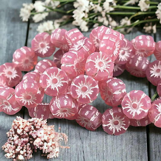 Tiny 7mm Flower Beads, Pink Opaline Hibiscus Flowers with White Wash, Czech Glass Beads (FL7/RJ-1212) * Qty. 12