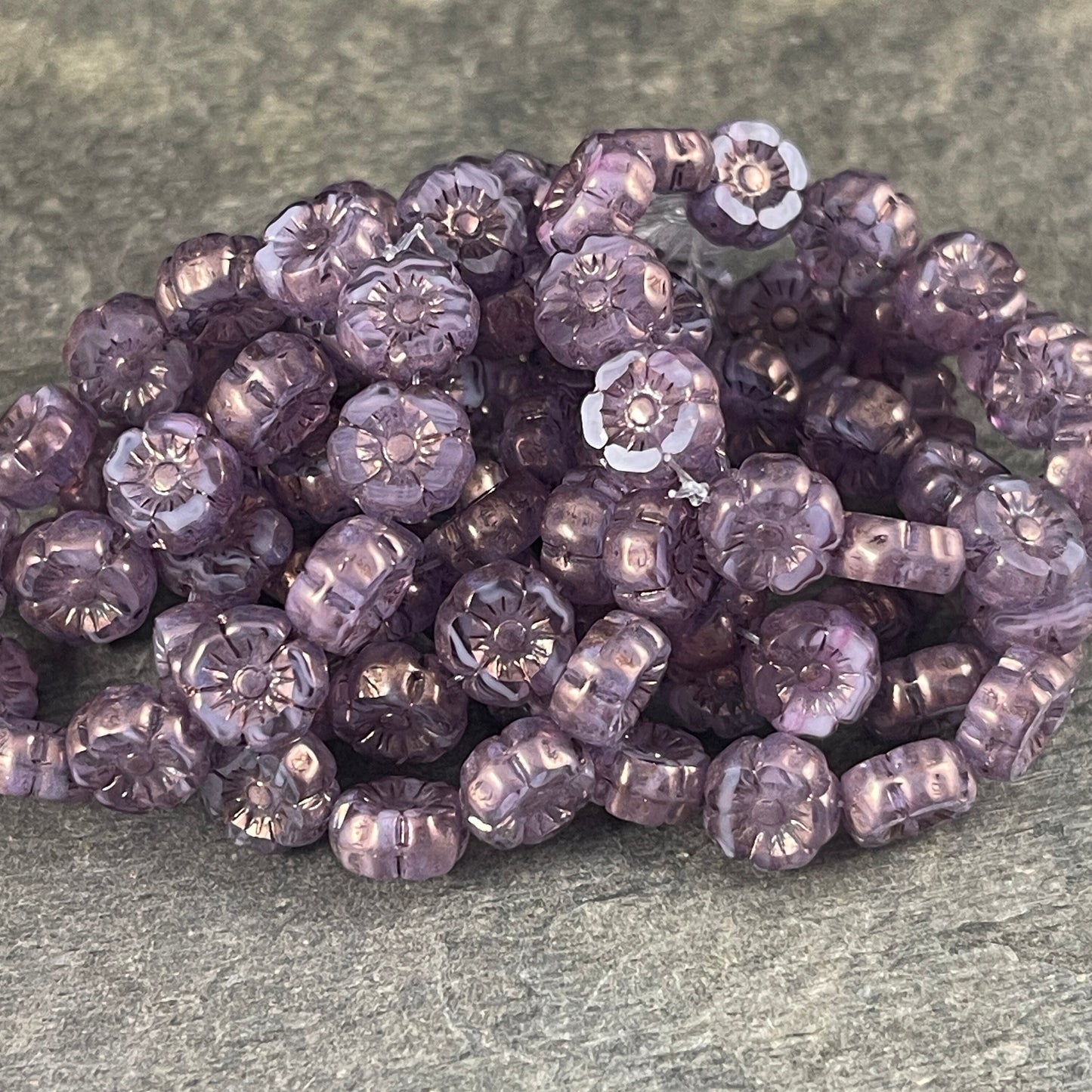 Tiny 7mm Hibiscus Flower, Lavender Opaline Czech Glass Hibiscus Bead with Bronze Finish, Purple Flower Beads (FL7/RJ-1216) * Qty. 12