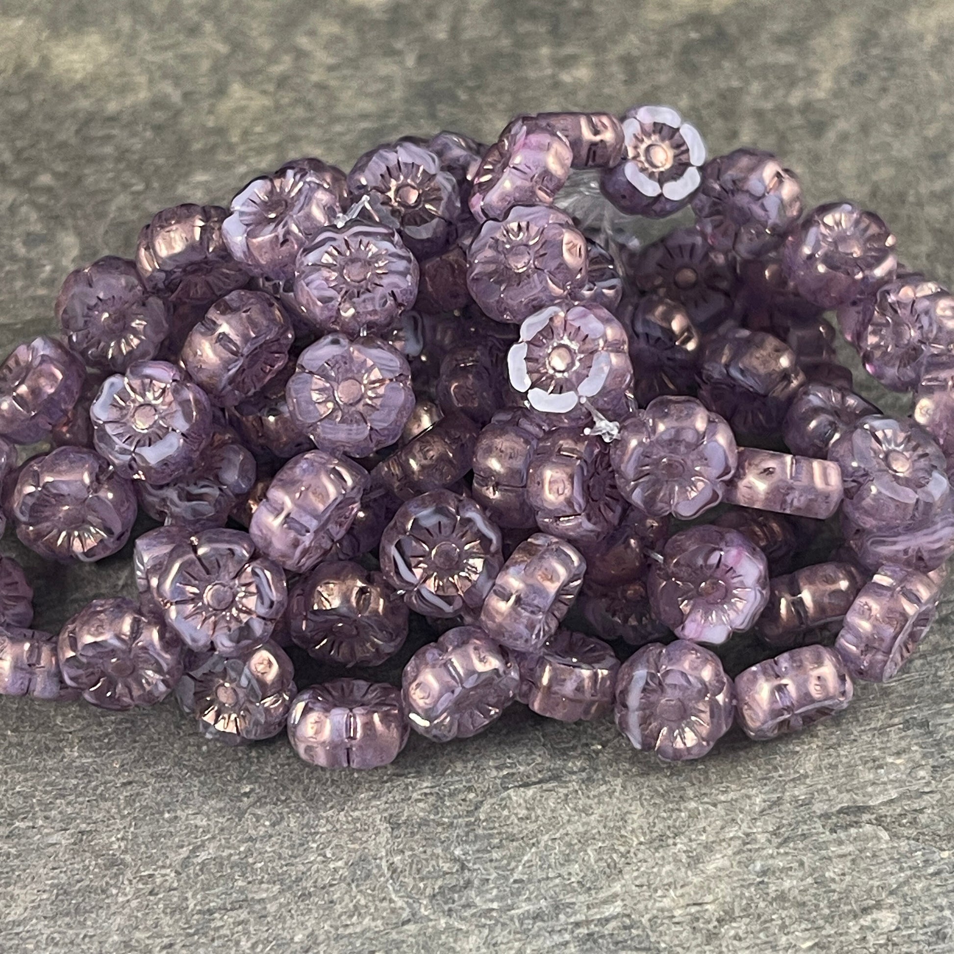 Tiny 7mm Hibiscus Flower, Lavender Opaline Czech Glass Hibiscus Bead with Bronze Finish, Purple Flower Beads (FL7/RJ-1216) * Qty. 12