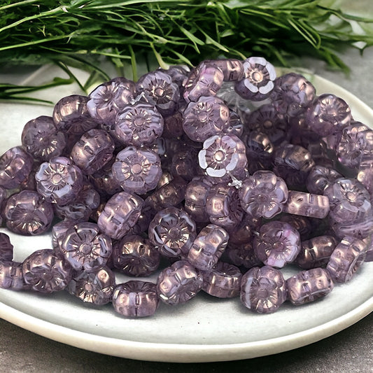 Tiny 7mm Hibiscus Flower, Lavender Opaline Czech Glass Hibiscus Bead with Bronze Finish, Purple Flower Beads (FL7/RJ-1216) * Qty. 12