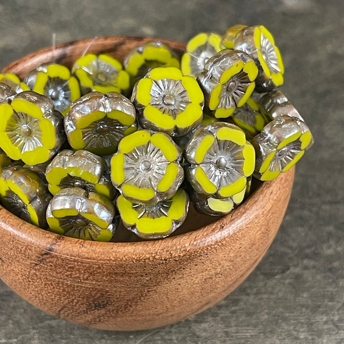 Czech Glass Beads - 12mm Chartreuse Hibiscus Flower Beads ~ Opaque Yellowish Green Glass with Picasso and AB (FL12/RJ-1192) * Qty. 6