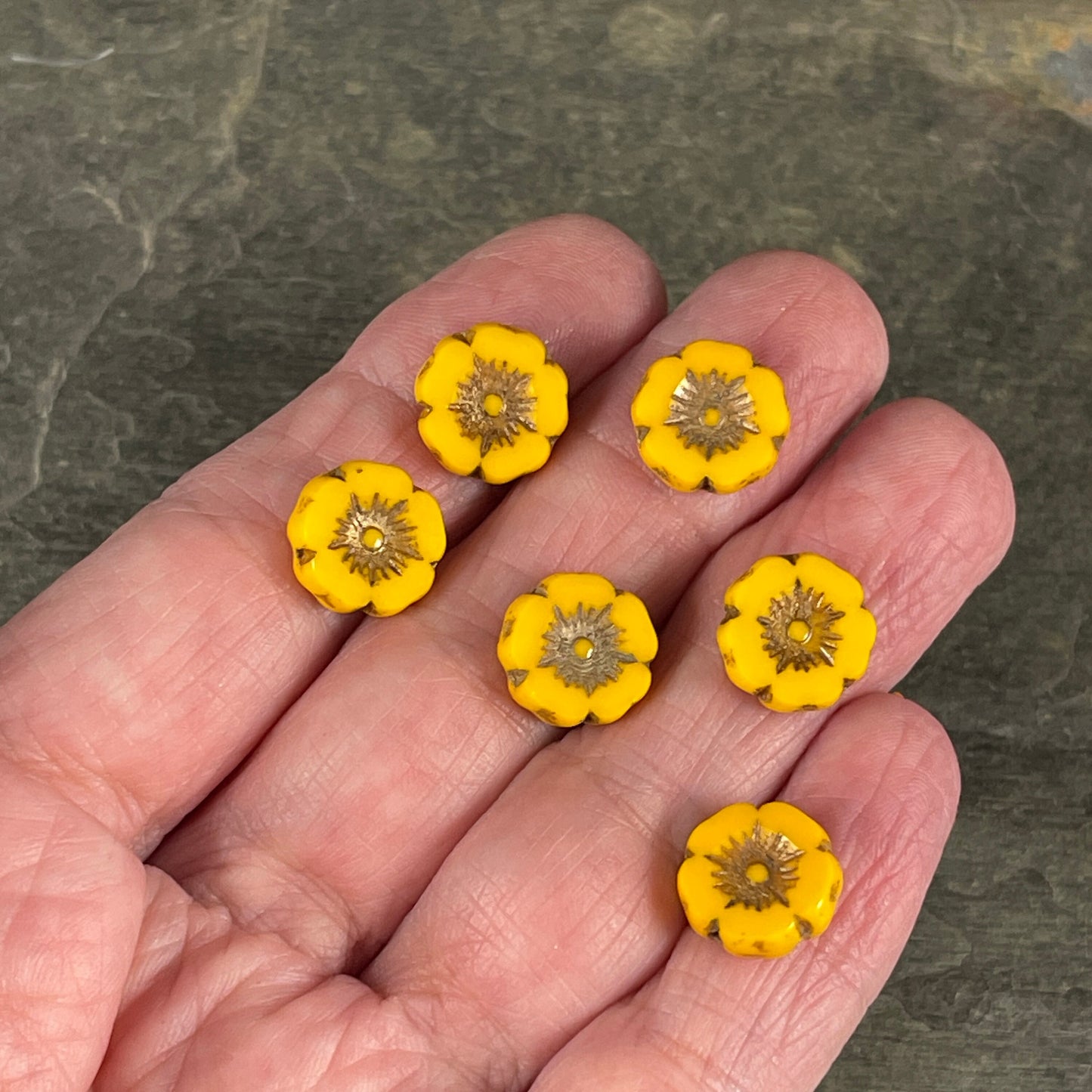 Czech Glass Beads - 12mm Dark Yellow Hibiscus Flower Beads ~ Opaque Yellow Glass with Bronze Wash (FL12/RJ-1178) * Qty. 6