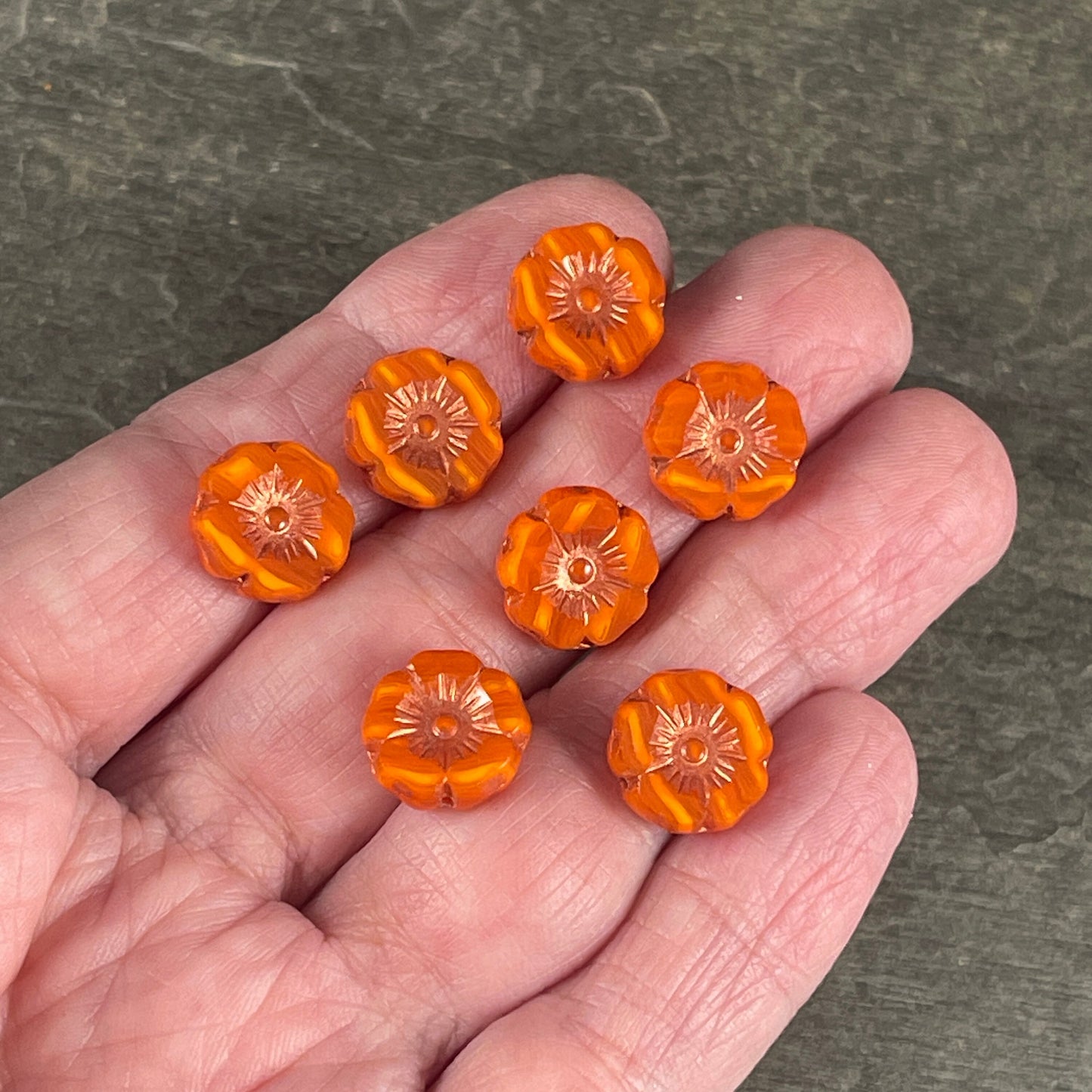 Czech Glass Beads - 12mm Orange Hibiscus Flower Beads ~ Orange Opaline Glass with Copper Wash (FL12/RJ-1169) * Qty. 6