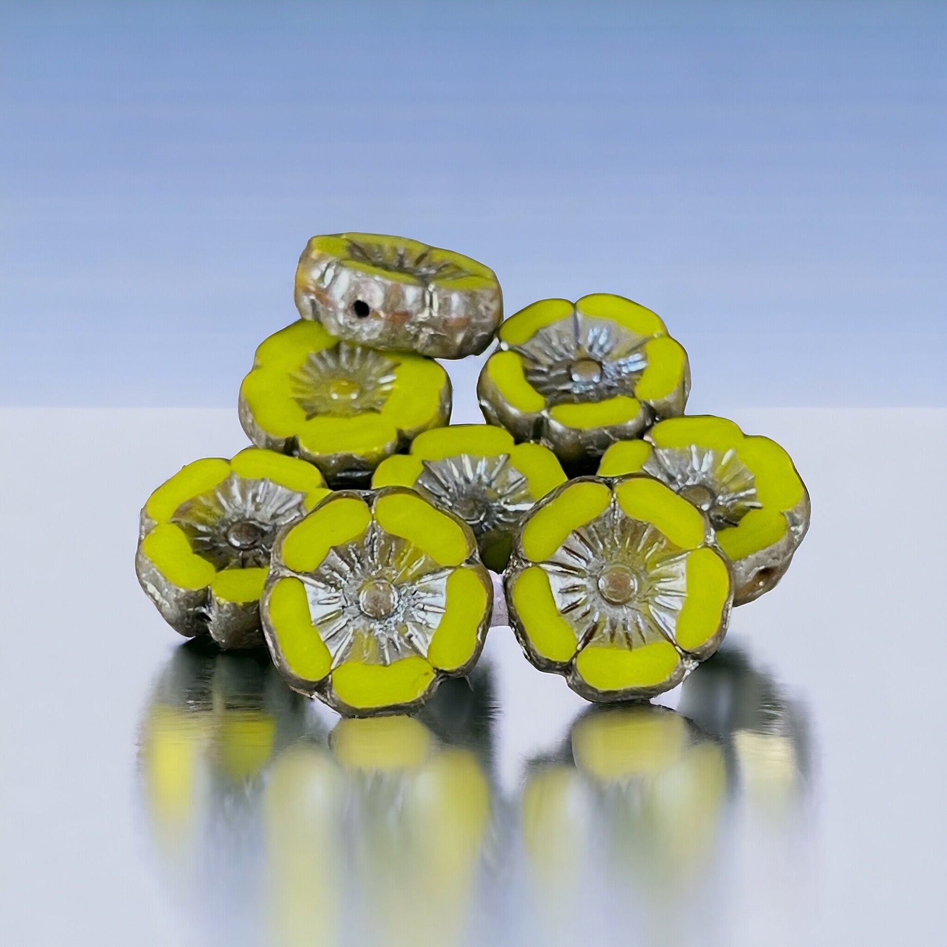 Czech Glass Beads - 12mm Chartreuse Hibiscus Flower Beads ~ Opaque Yellowish Green Glass with Picasso and AB (FL12/RJ-1192) * Qty. 6