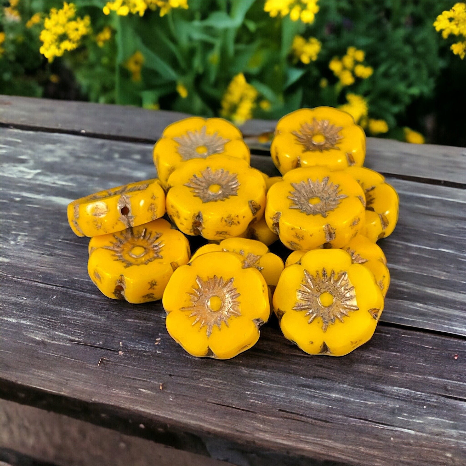 Czech Glass Beads - 12mm Dark Yellow Hibiscus Flower Beads ~ Opaque Yellow Glass with Bronze Wash (FL12/RJ-1178) * Qty. 6