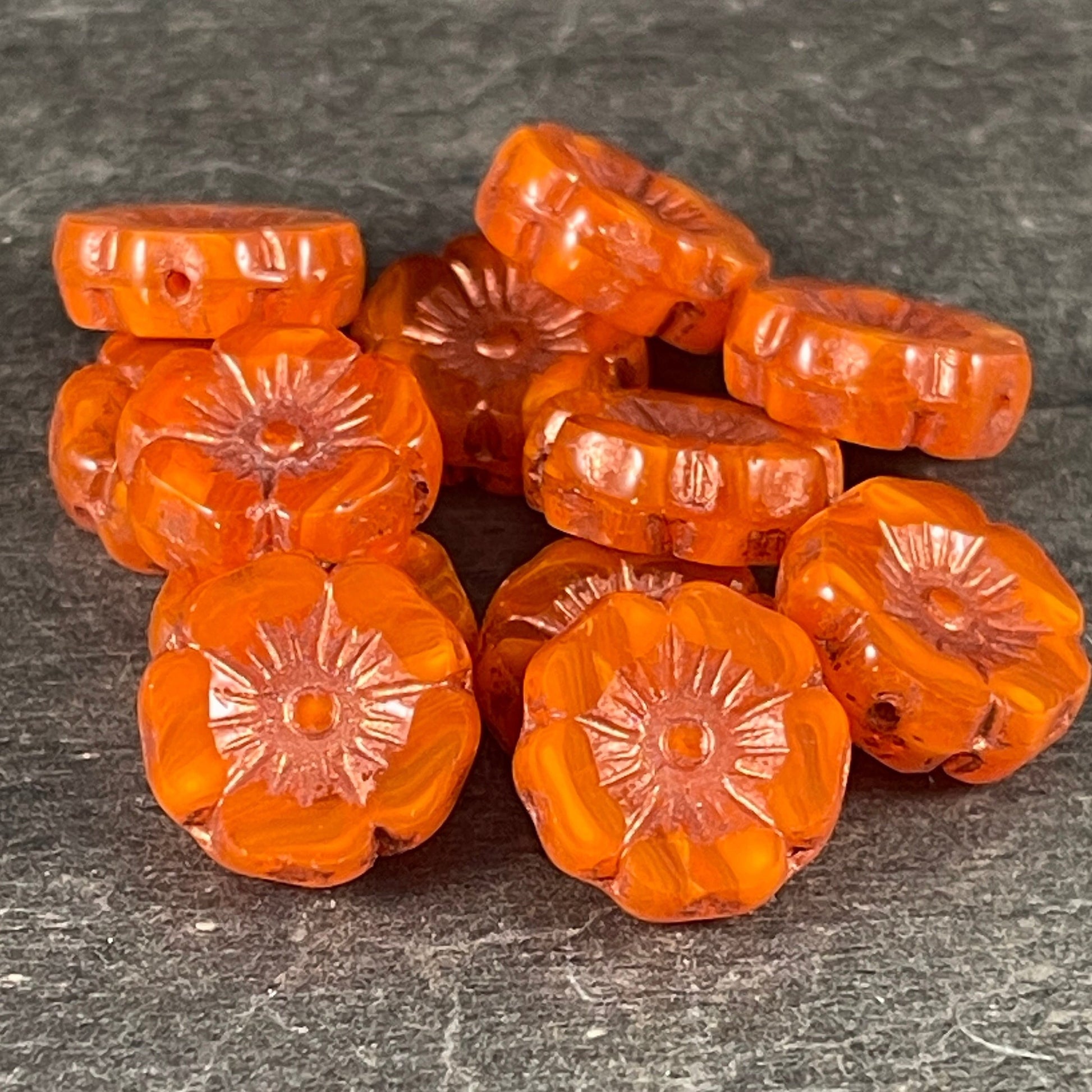 Czech Glass Beads - 12mm Orange Hibiscus Flower Beads ~ Orange Opaline Glass with Copper Wash (FL12/RJ-1169) * Qty. 6