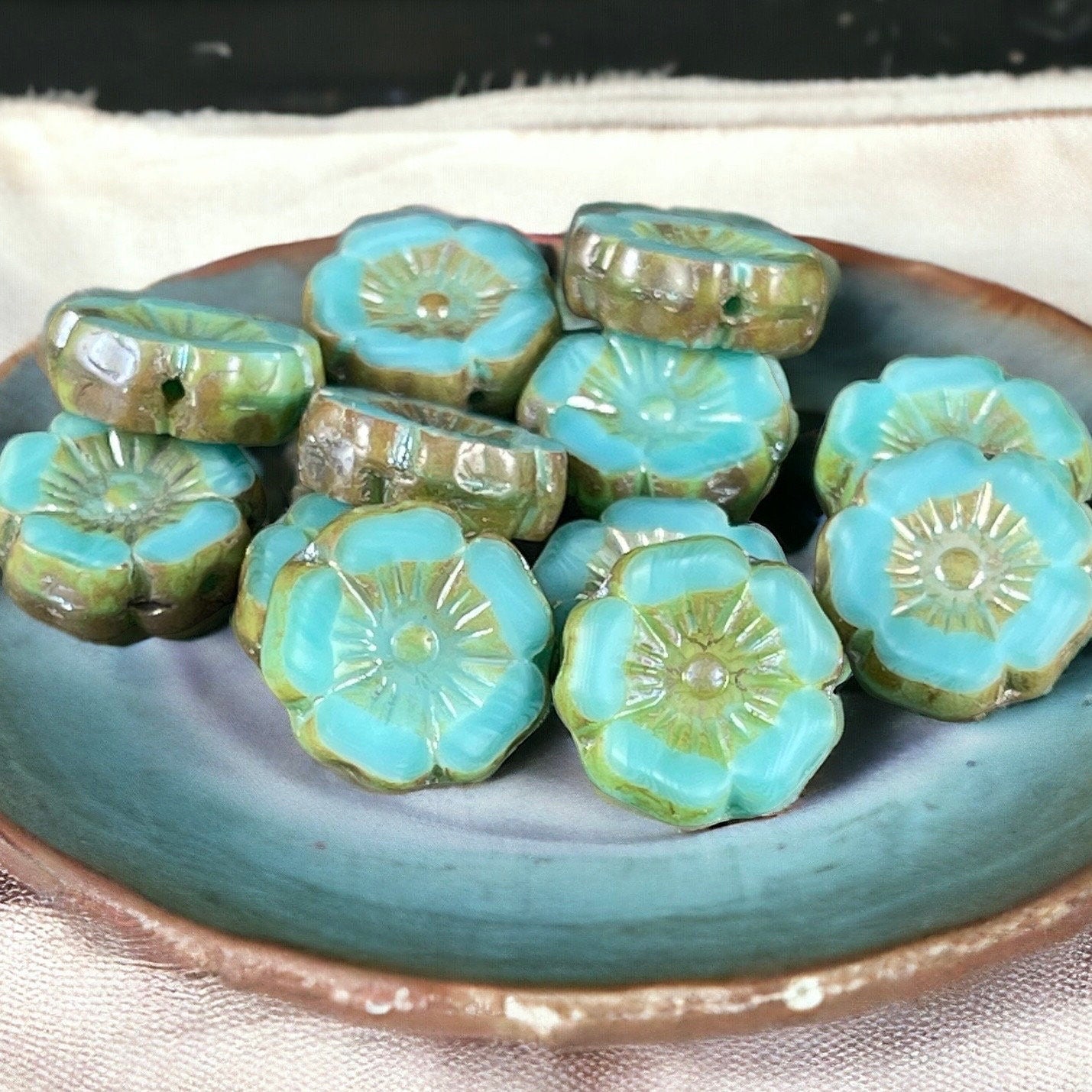 Czech Glass Beads - 12mm Light Turquoise Hibiscus Flower Beads ~ Blue Silk with Luster and Picasso Finishes (FL12/RJ-1193) * Qty. 6